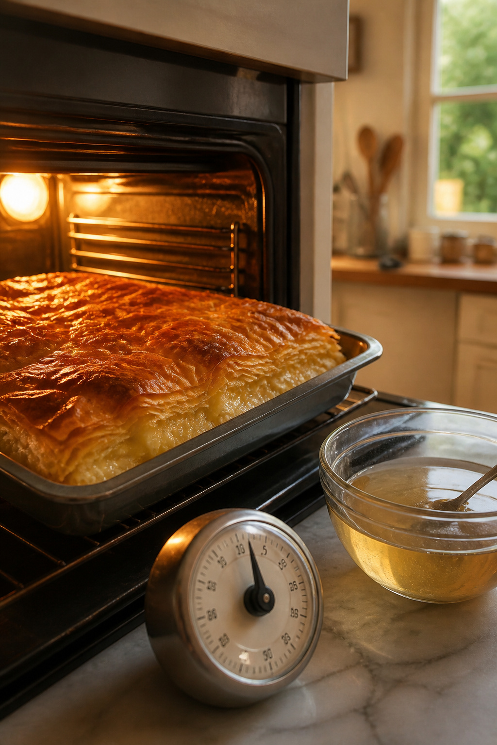 A baking pan of galaktoboureko with a golden brown top.