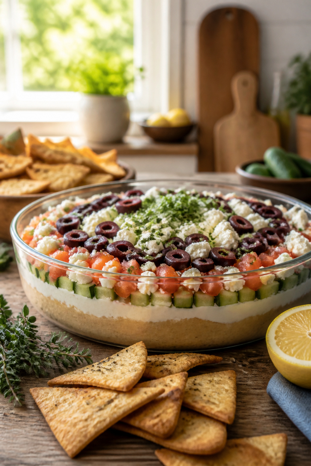 A shallow dish filled with a multi-layered Greek 7 layer dip.