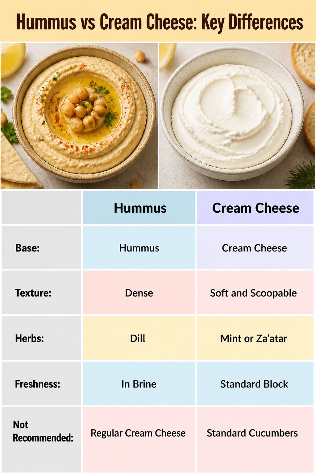 A comparison of hummus and cream cheese for the dip base.