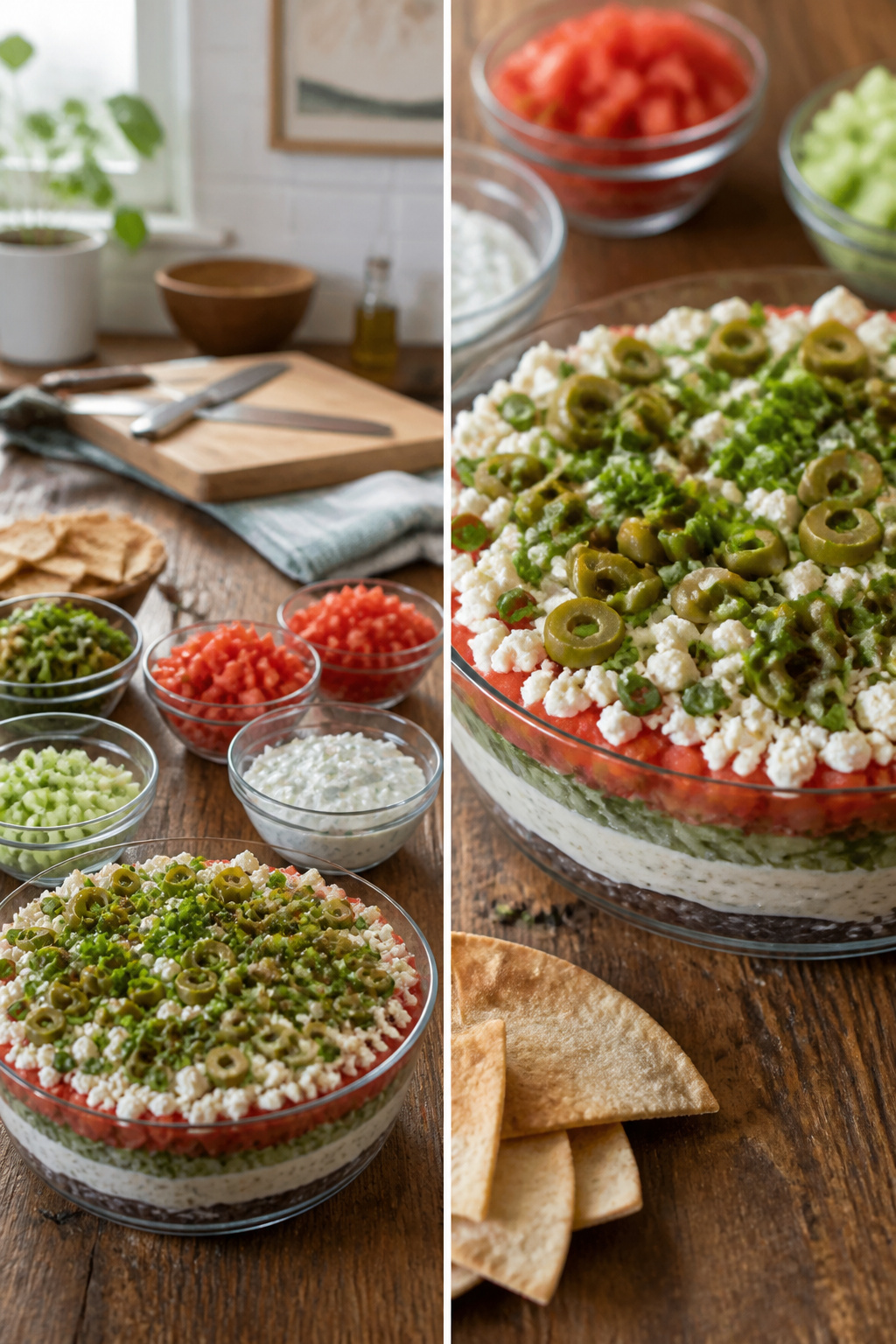 Ingredients for the Greek 7 layer dip arranged separately before assembly.