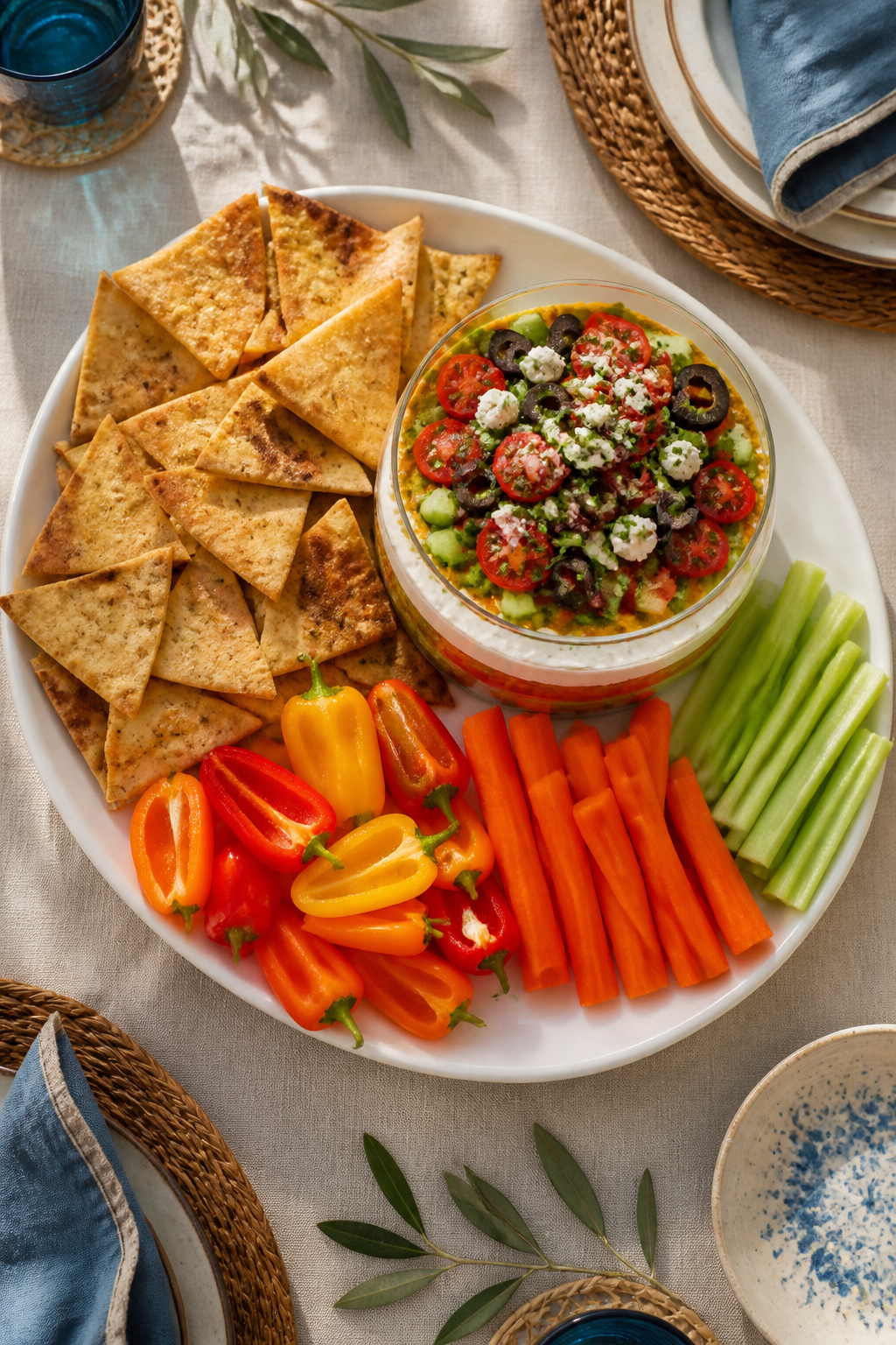 Pita chips and vegetable dippers arranged for serving with the dip.