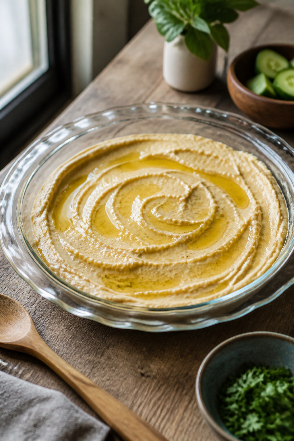 A pie plate with a smooth layer of hummus topped with olive oil.