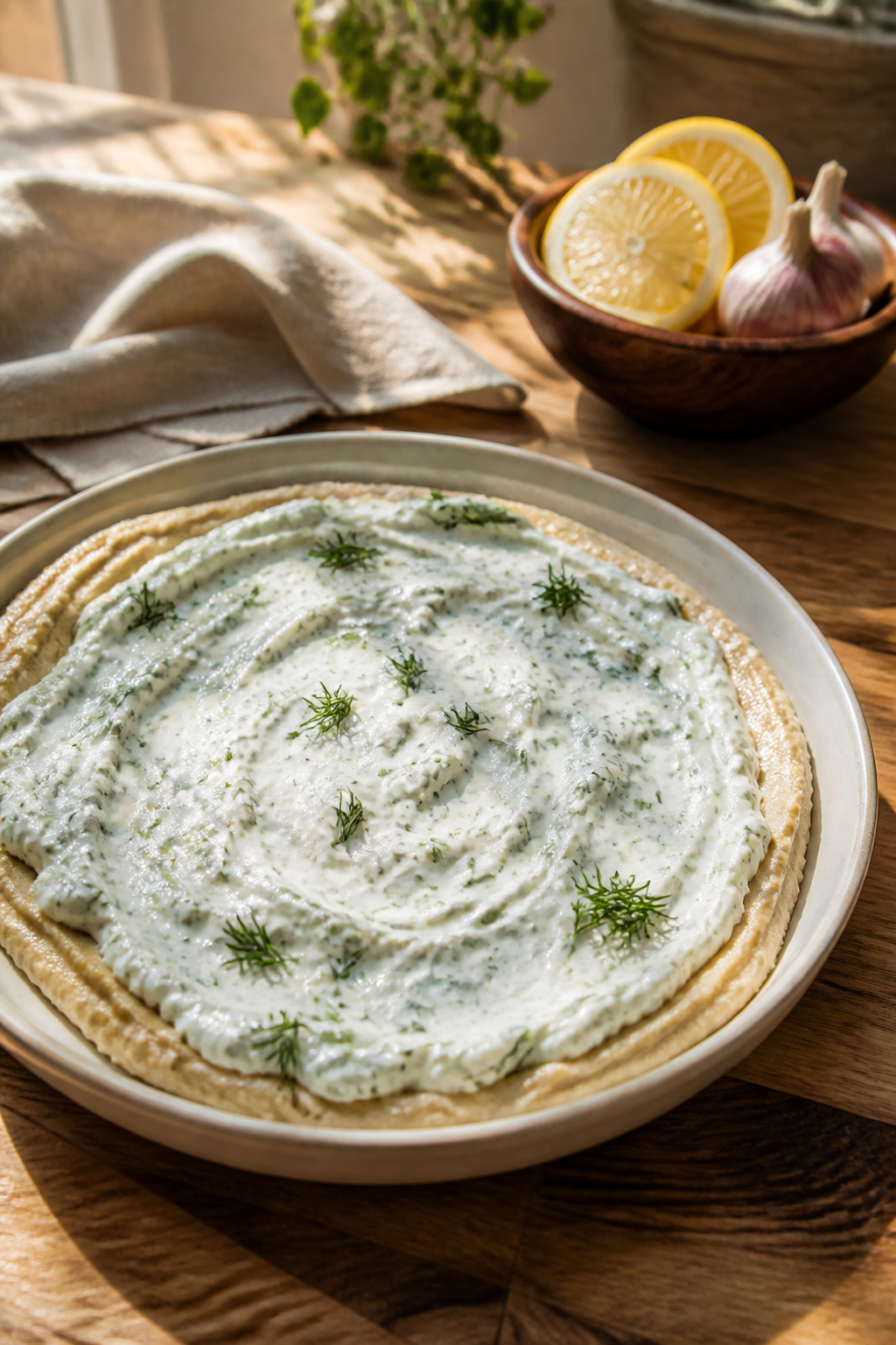 A dollop of garlic lemon yogurt spread over hummus in a dish.