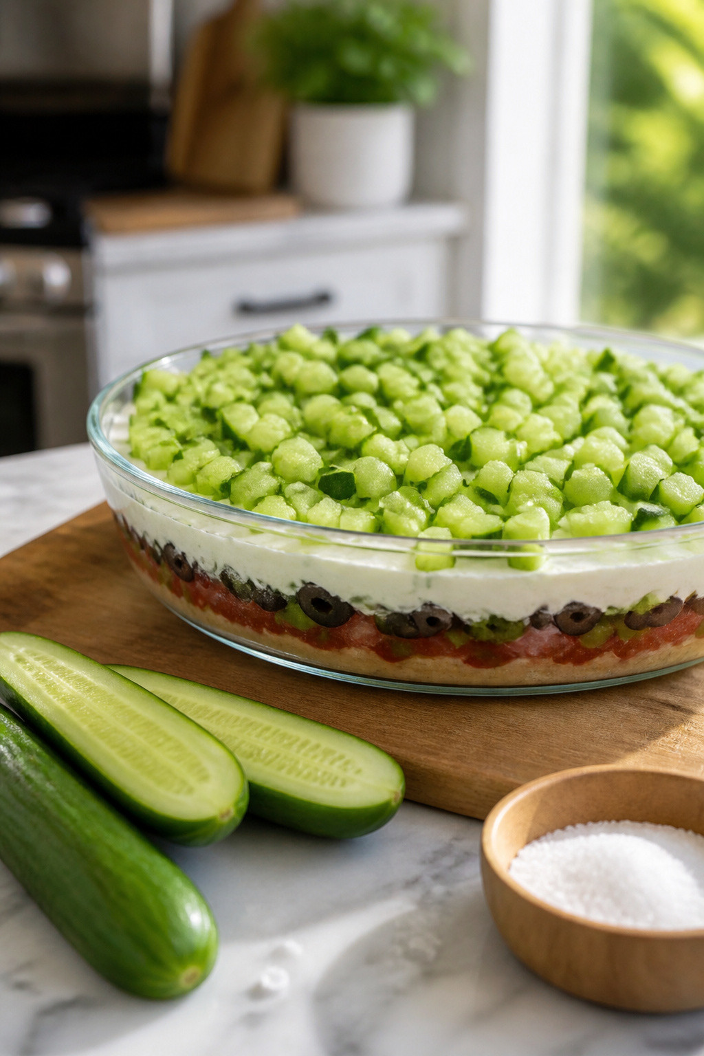 Diced cucumbers layered on top of yogurt in the dip.