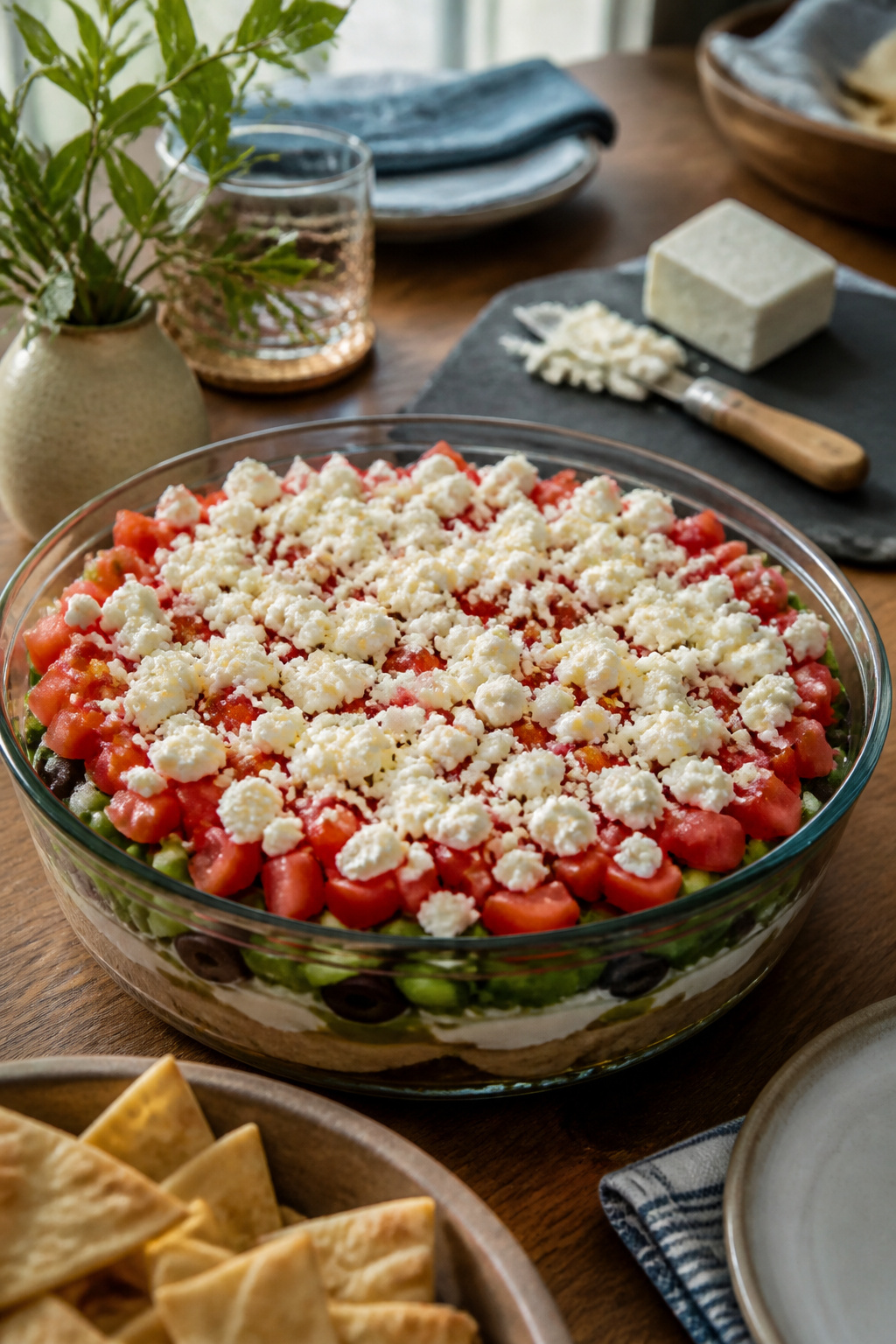 A layer of crumbled feta cheese scattered over diced tomatoes.
