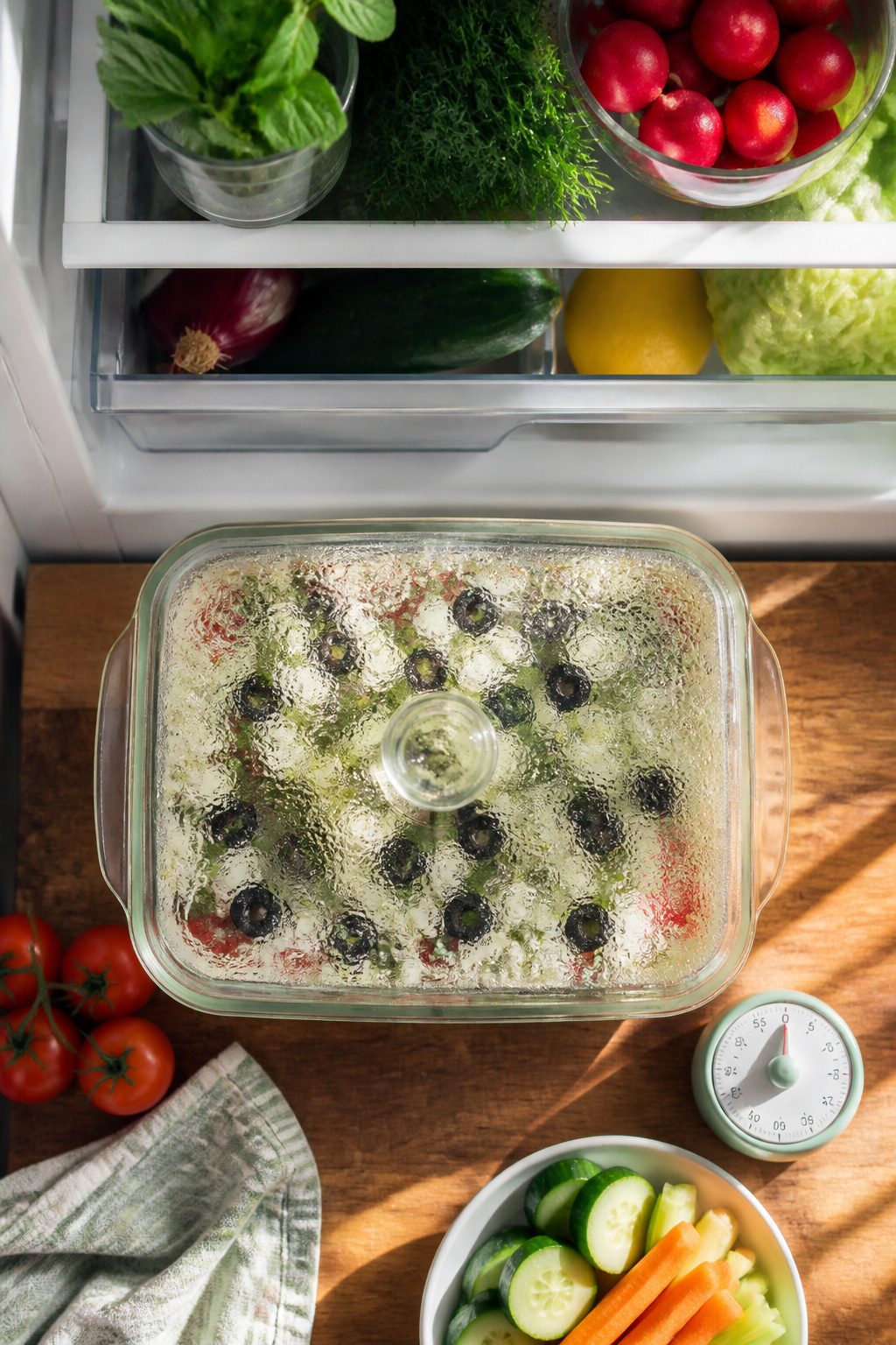 A covered dish of Greek 7 layer dip ready to chill.