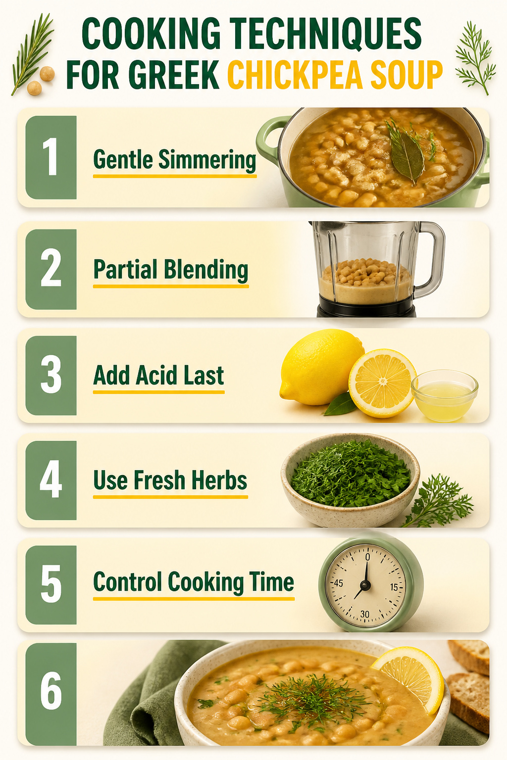 Instructions on cooking techniques for Greek chickpea soup.