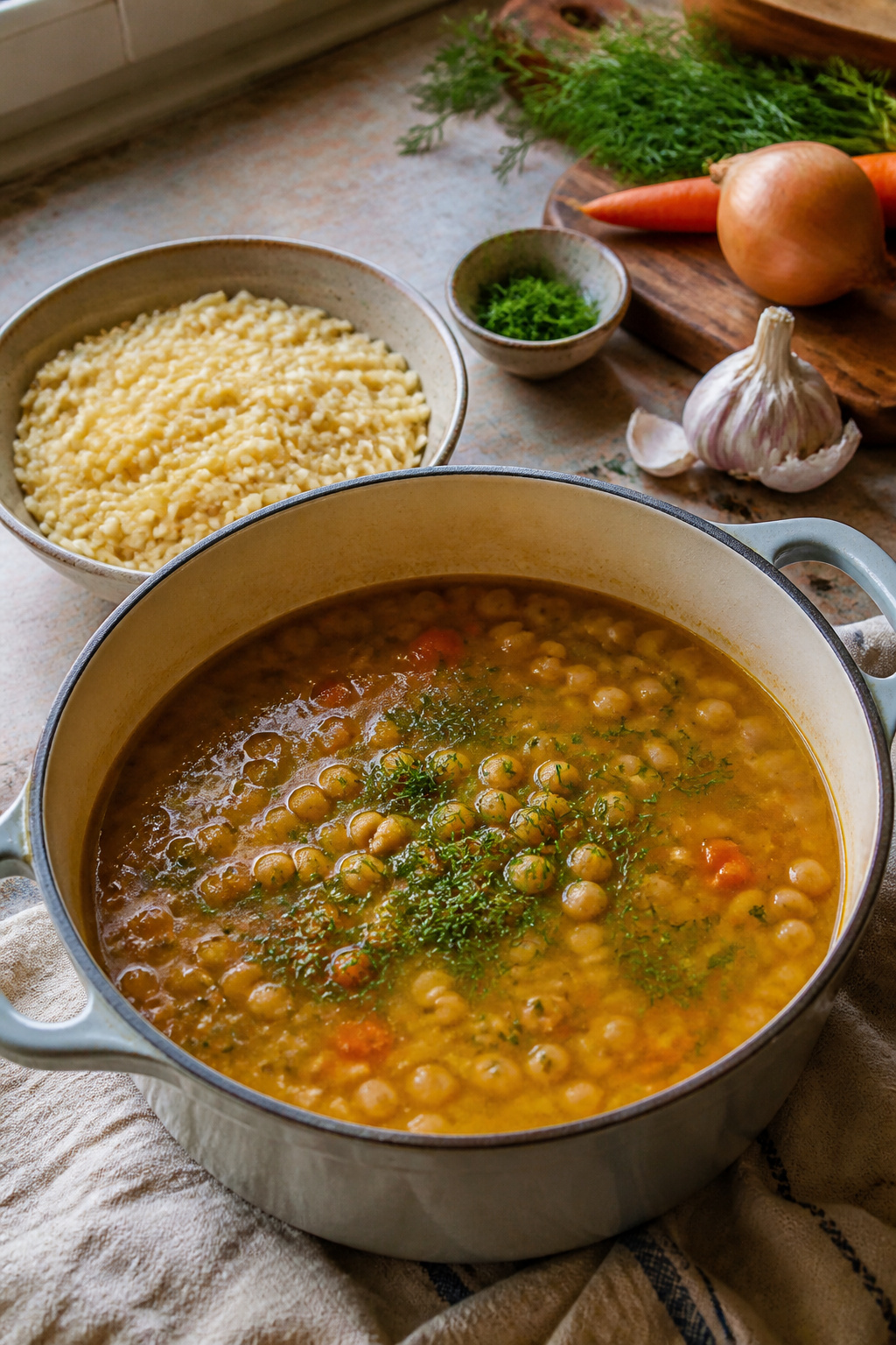 A bowl of cooked orzo next to a pot of chickpea soup.