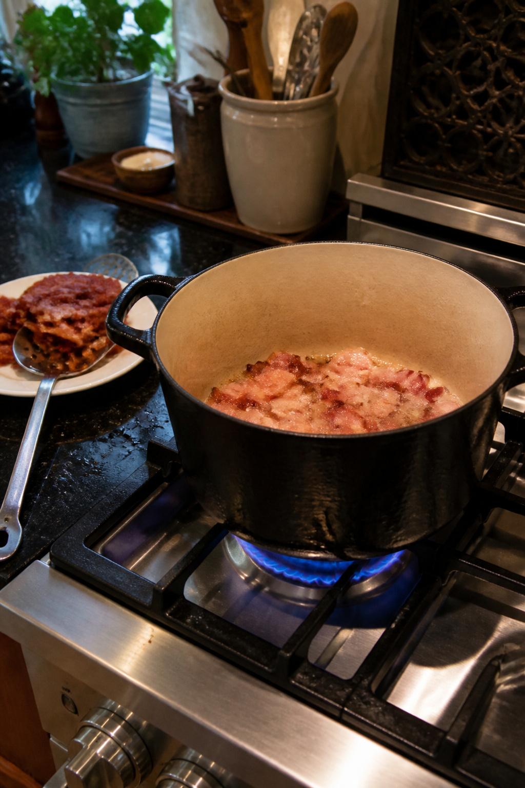 Pieces of bacon cooking in a Dutch oven over medium heat.