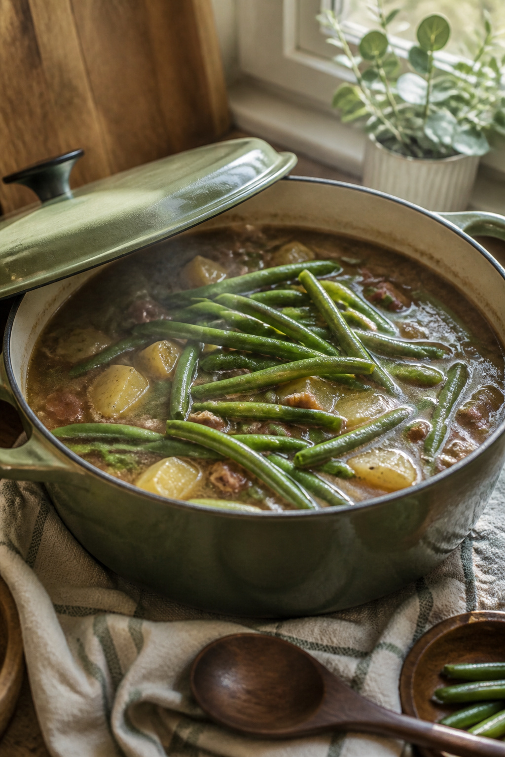 Simmering pot with green beans in dark chicken broth.