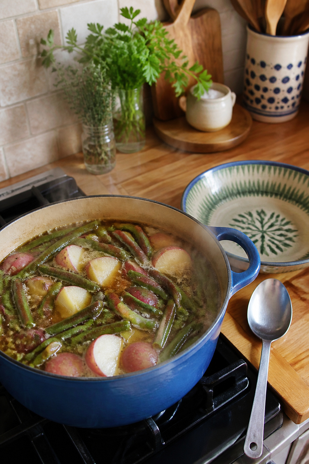 Quartered red potatoes submerged in bubbling broth.