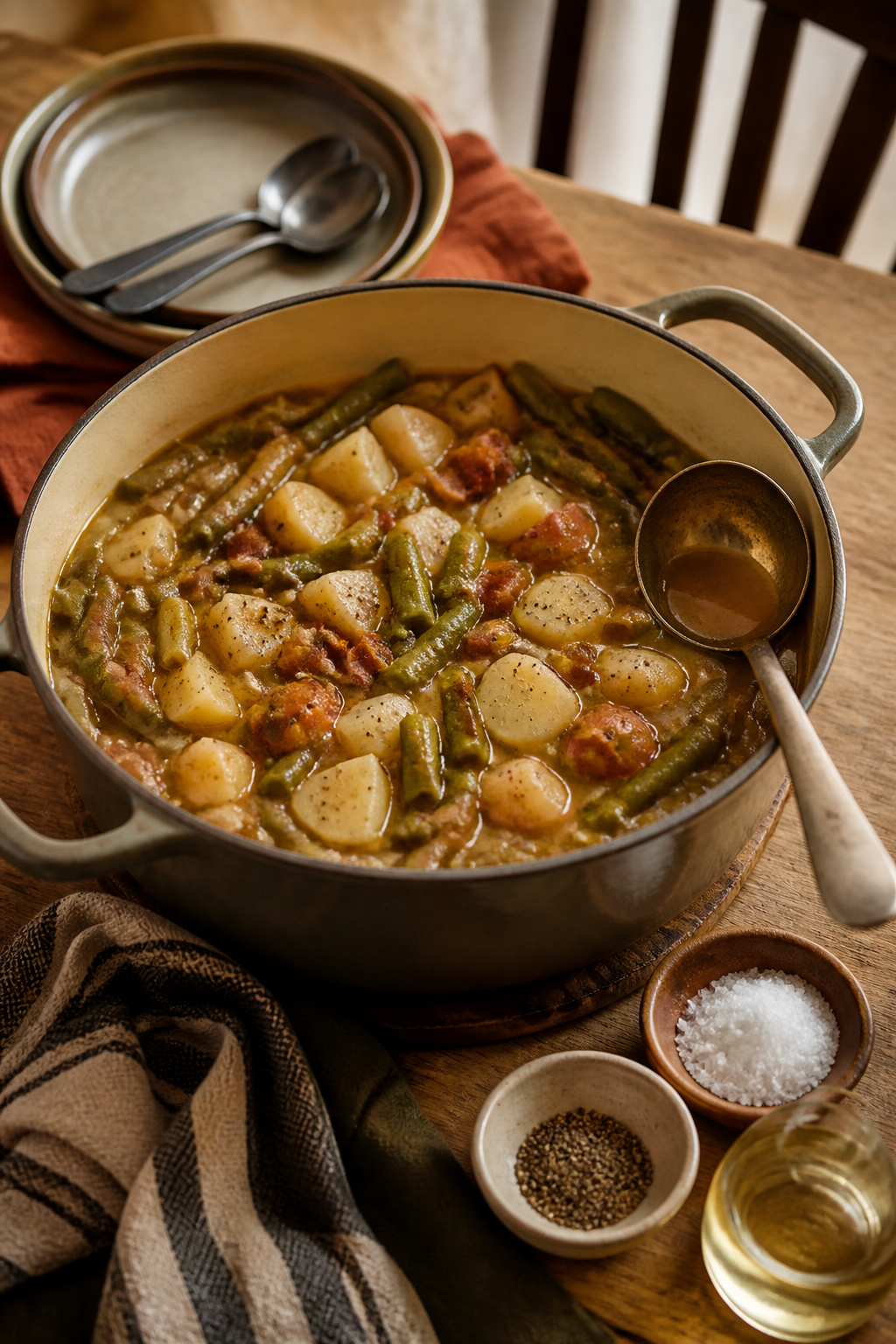 Pot of green beans and potatoes with broth and seasonings.
