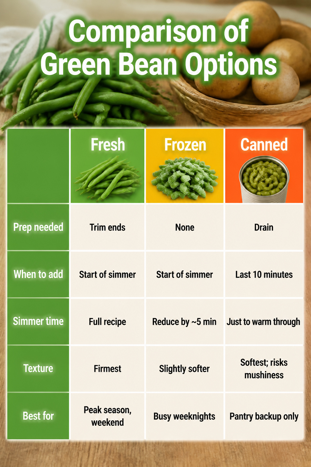 Table comparing fresh, frozen, and canned green beans.