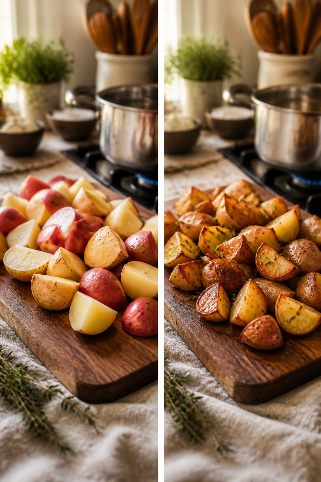 Red potatoes and Yukon Golds displayed on a wooden surface.