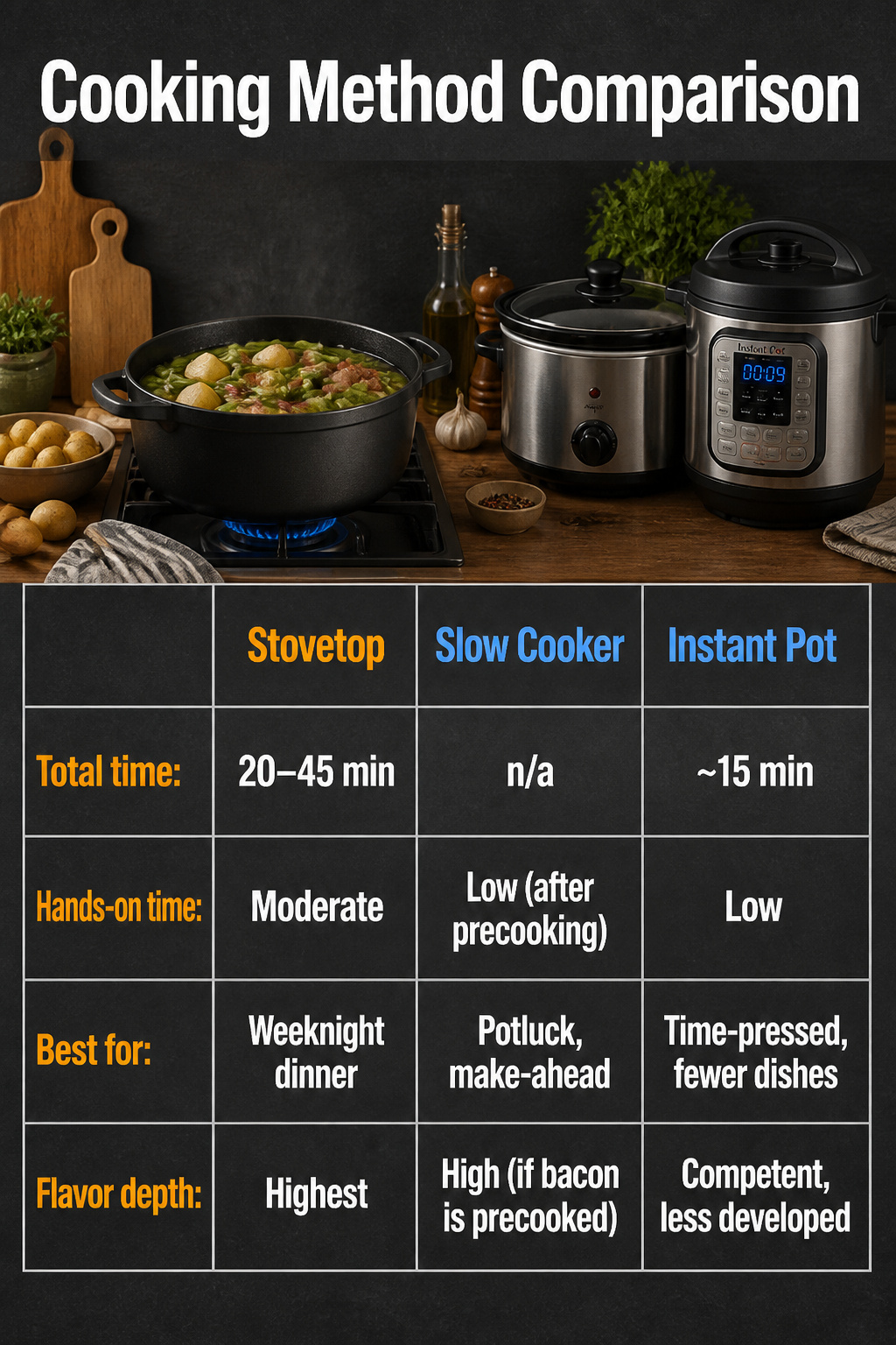 Comparison of stovetop, slow cooker, and Instant Pot cooking methods.