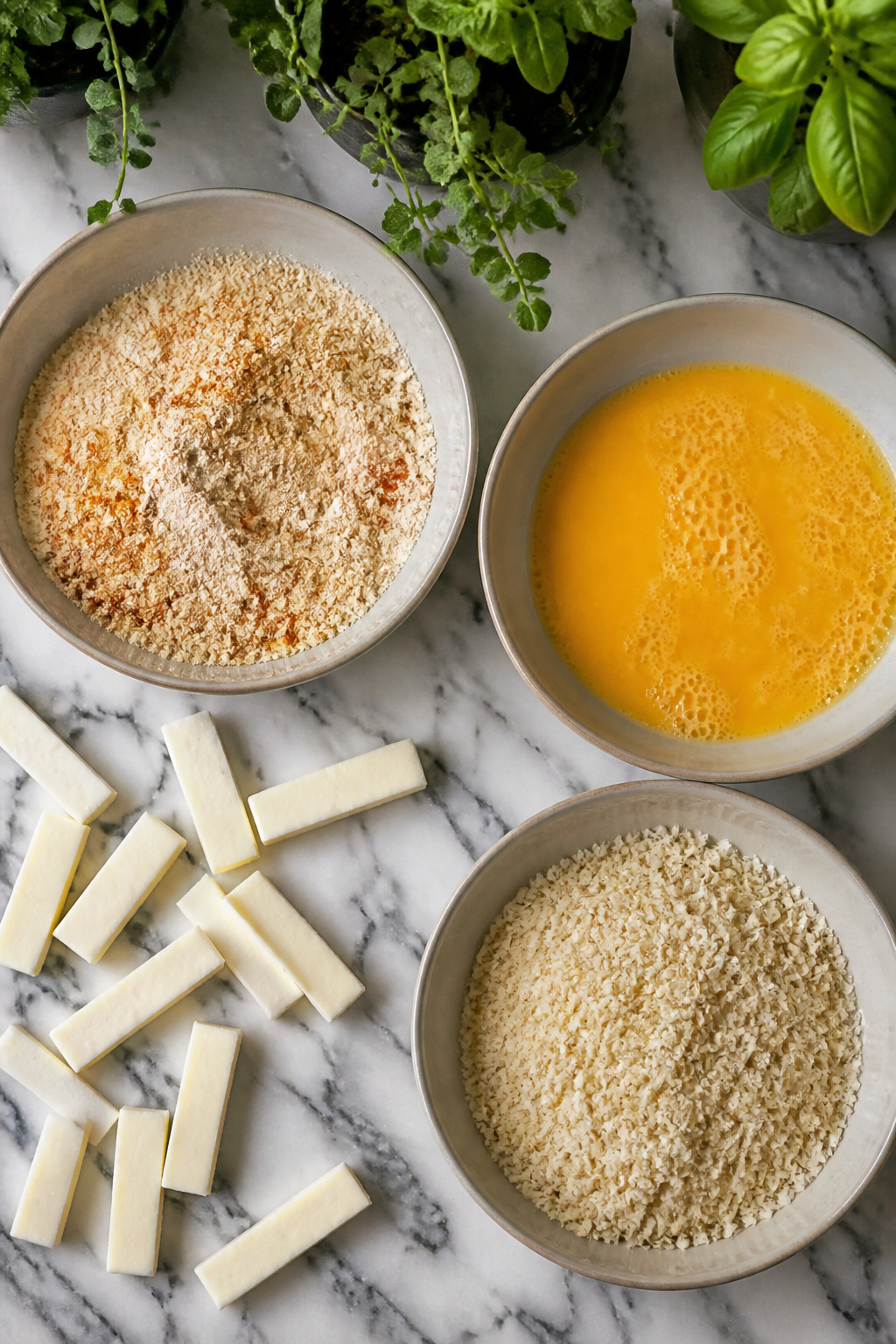Bowls of flour, eggs, and panko breadcrumbs on a kitchen counter.