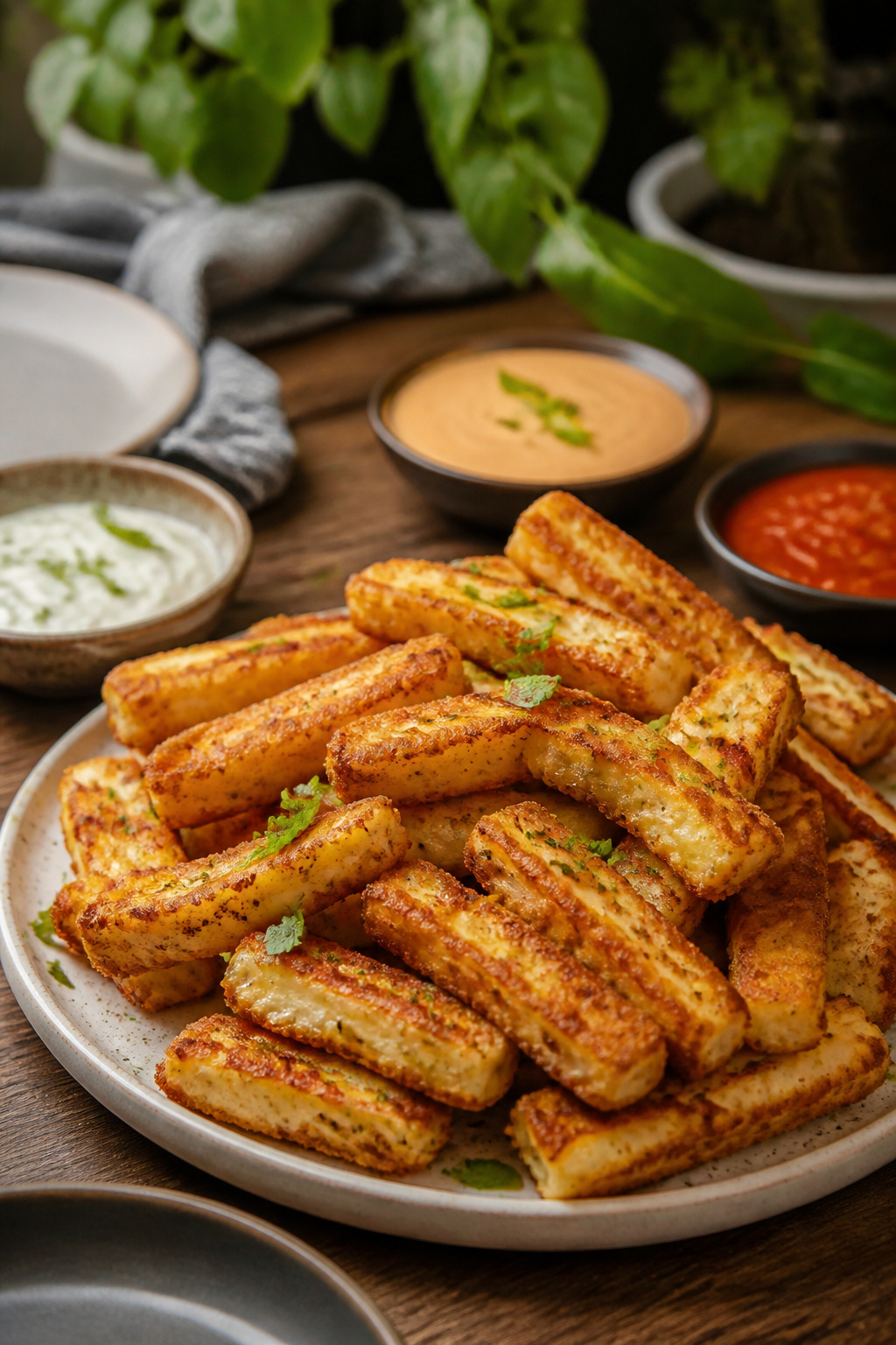 Plate of freshly cooked halloumi fries ready to be served.