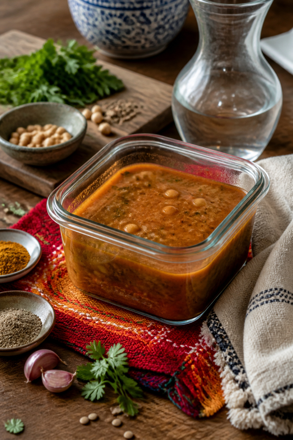 A glass container of harira soup with a label on a colorful fabric.
