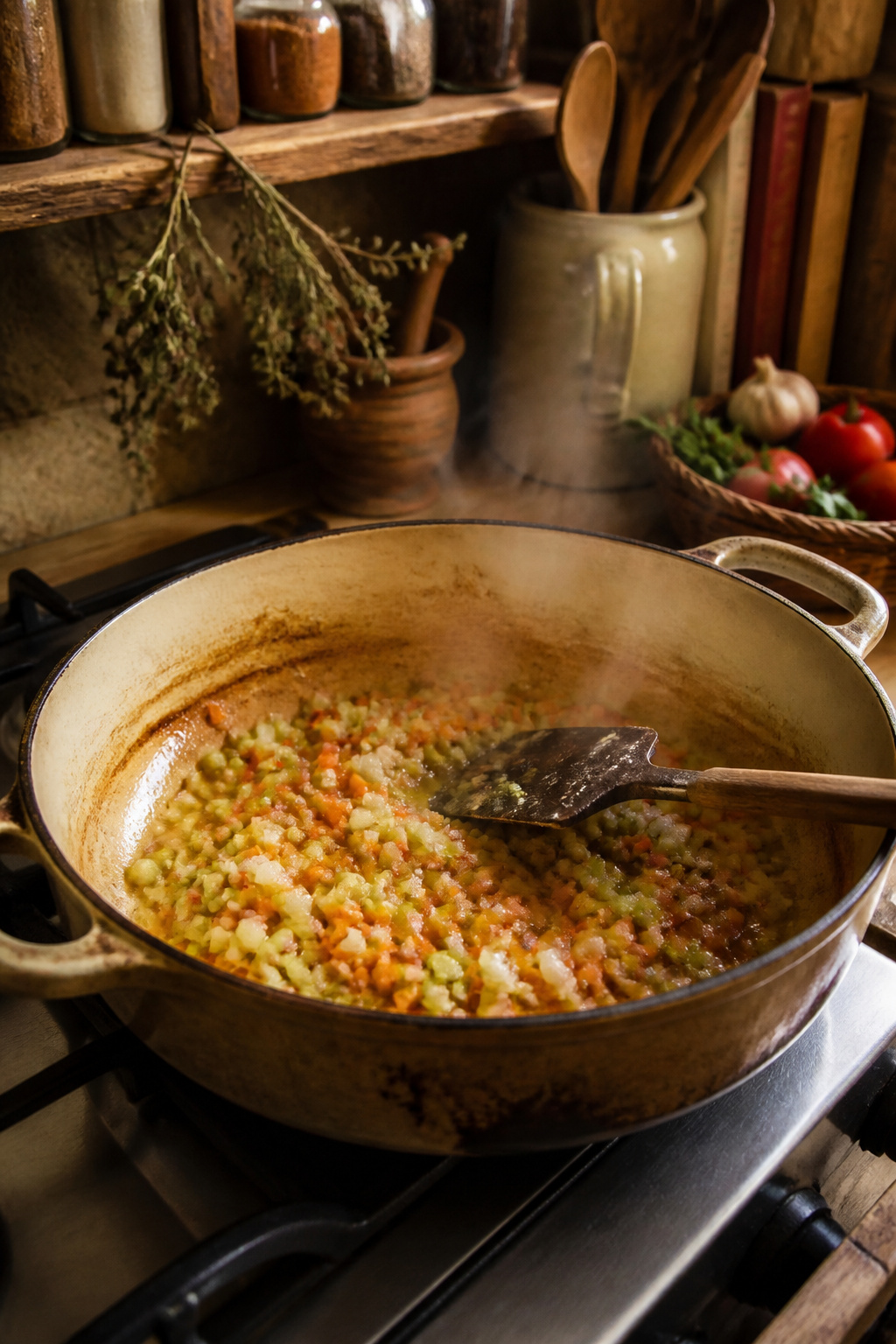 Onions, celery, and carrots cooking in olive oil in a Dutch oven.