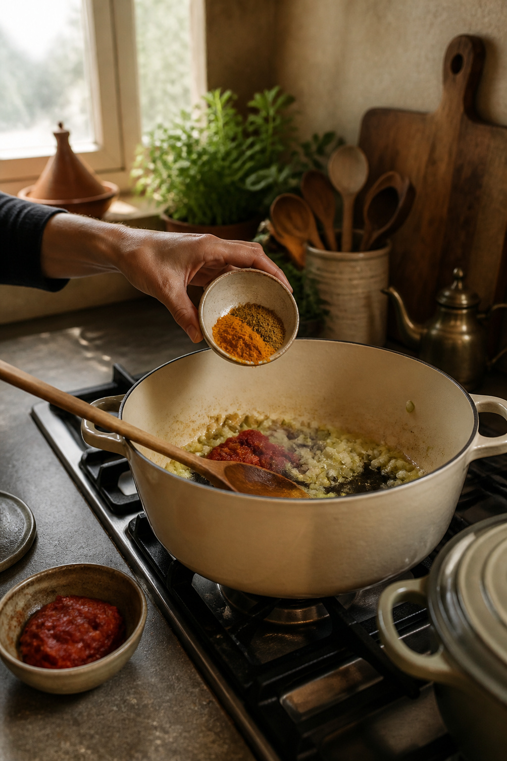 A hand holding a bowl of turmeric and cumin above a pot of vegetables.