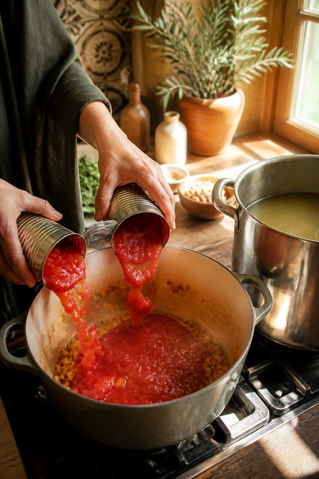 Cans of crushed tomatoes being added to a pot on the stove.