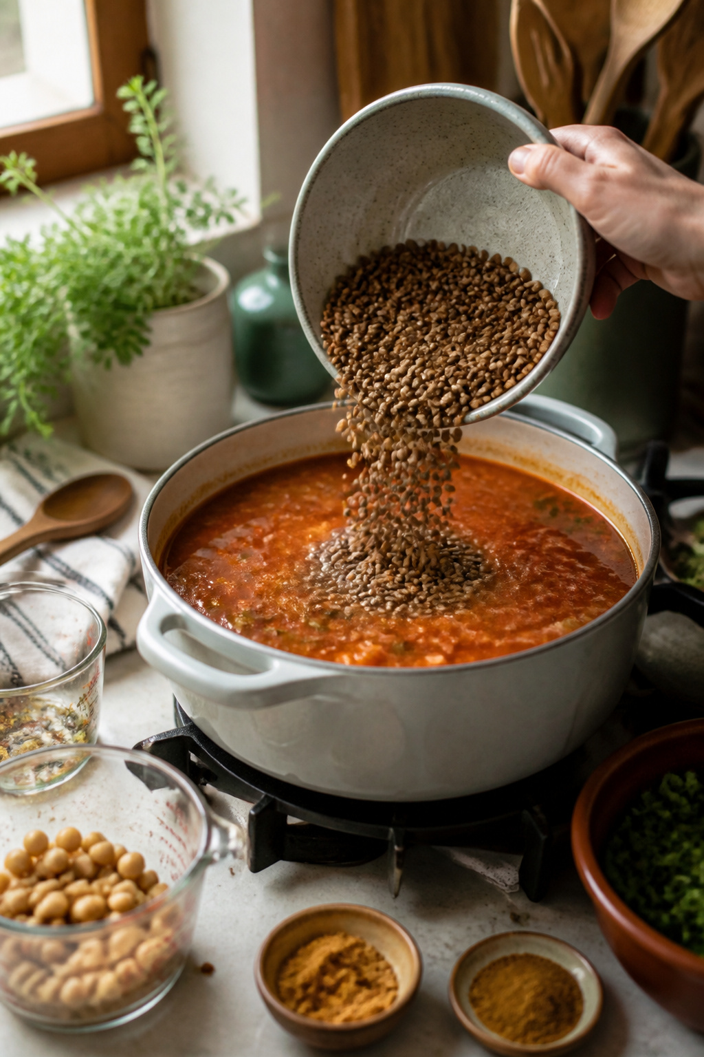 A hand pouring brown lentils into a pot of soup on the stove.