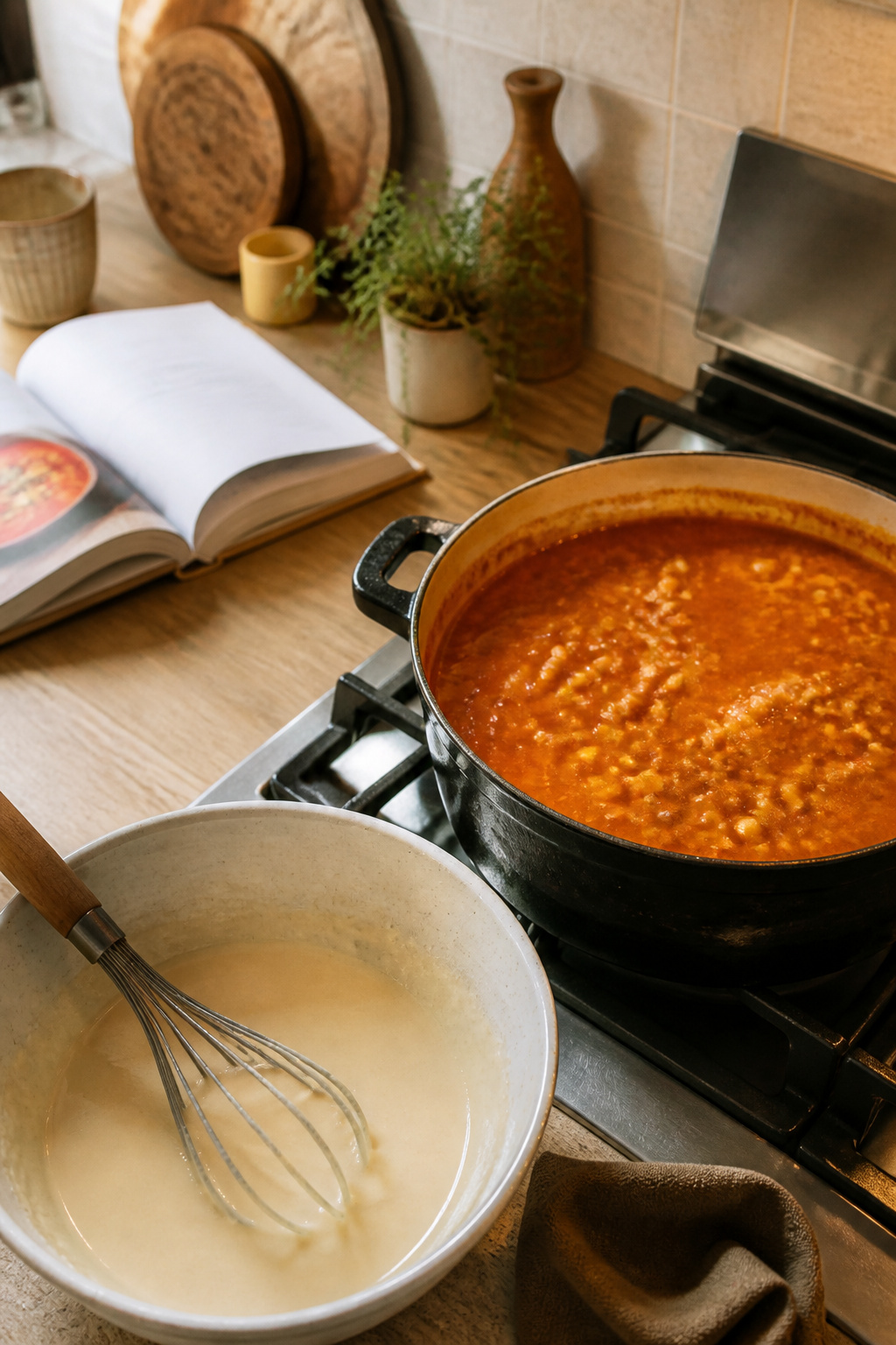 A bowl of flour and water paste next to a pot of simmering soup.