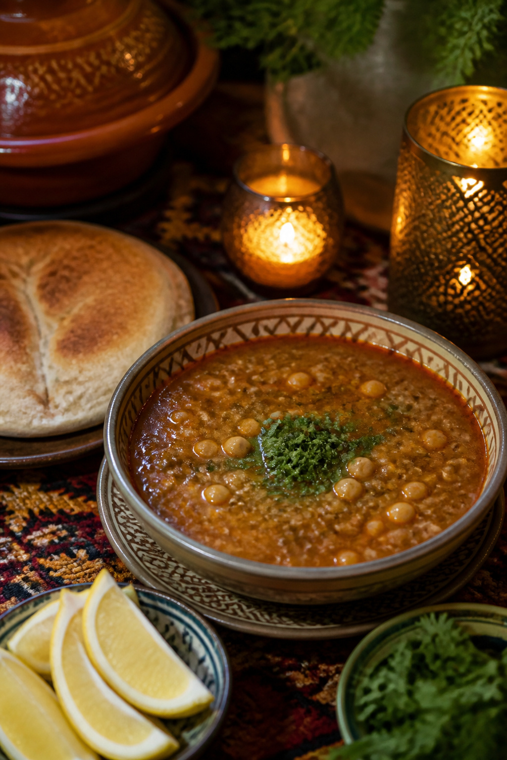 A bowl of harira soup with lemon wedges and pita on a colorful table.