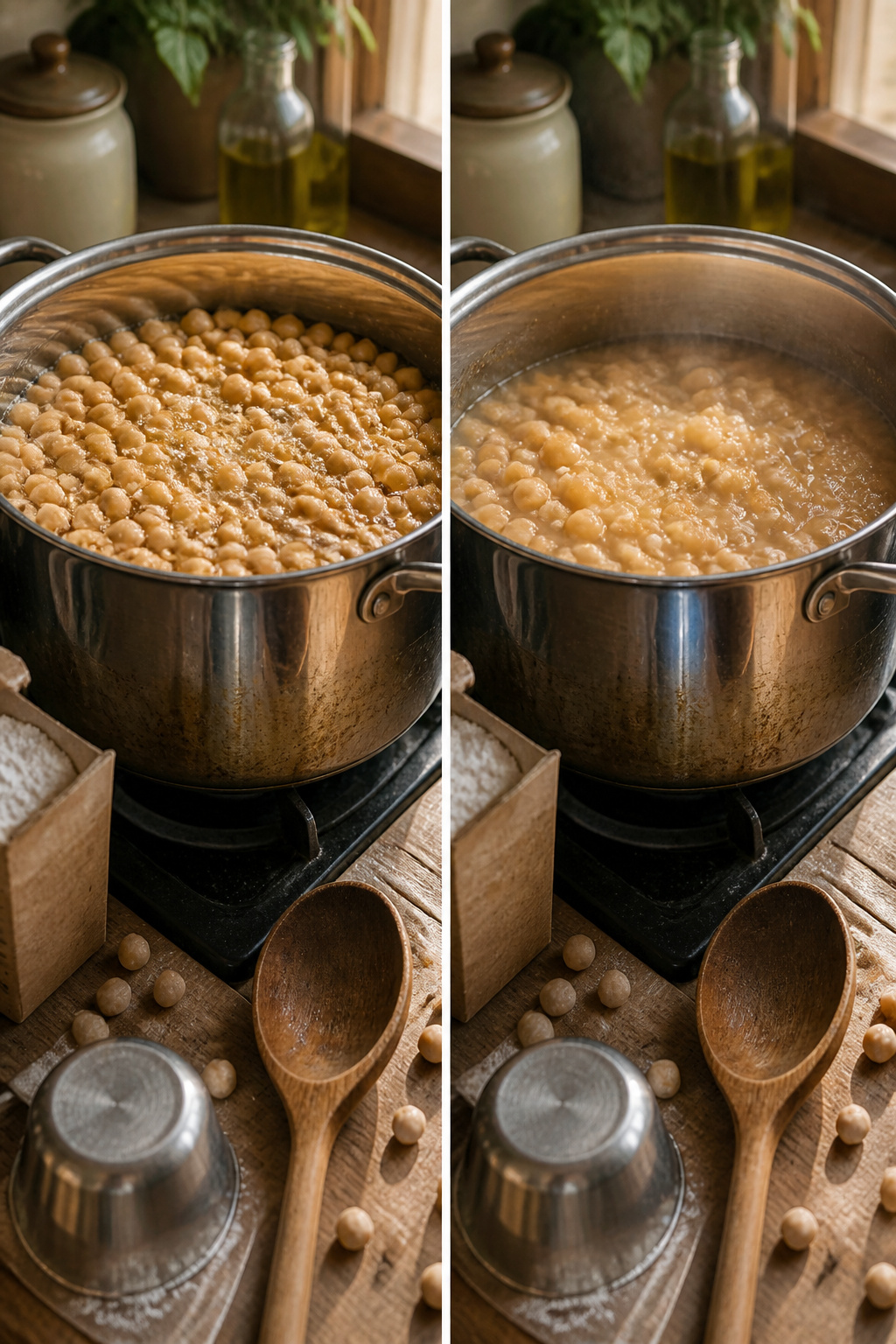 A photograph of simmering canned chickpeas in a pot.