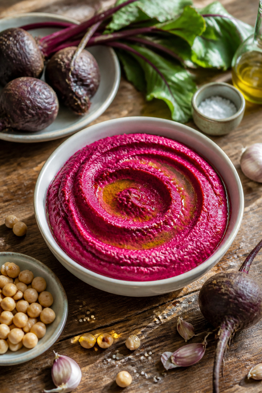 A bowl of beet hummus surrounded by whole roasted beets.