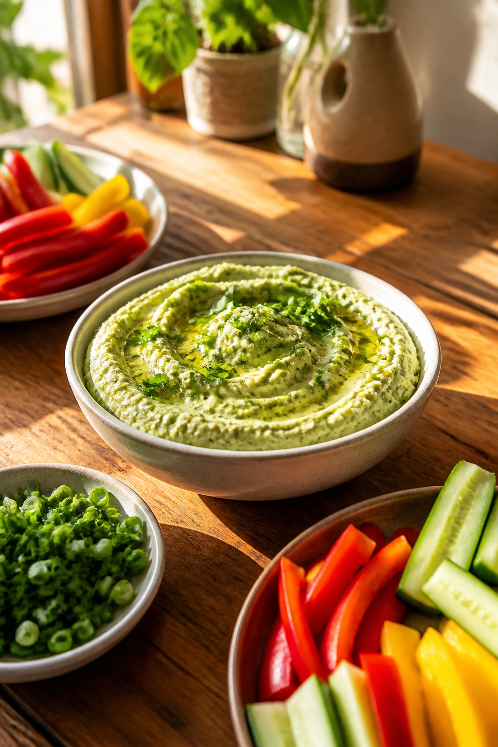 A bowl of herbed hummus with chopped green onions nearby.