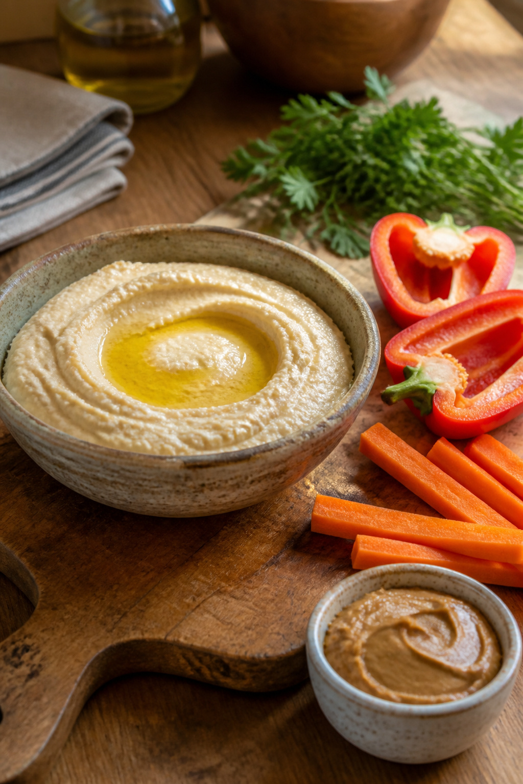 A bowl of tahini-free hummus with peanut butter and vegetables.