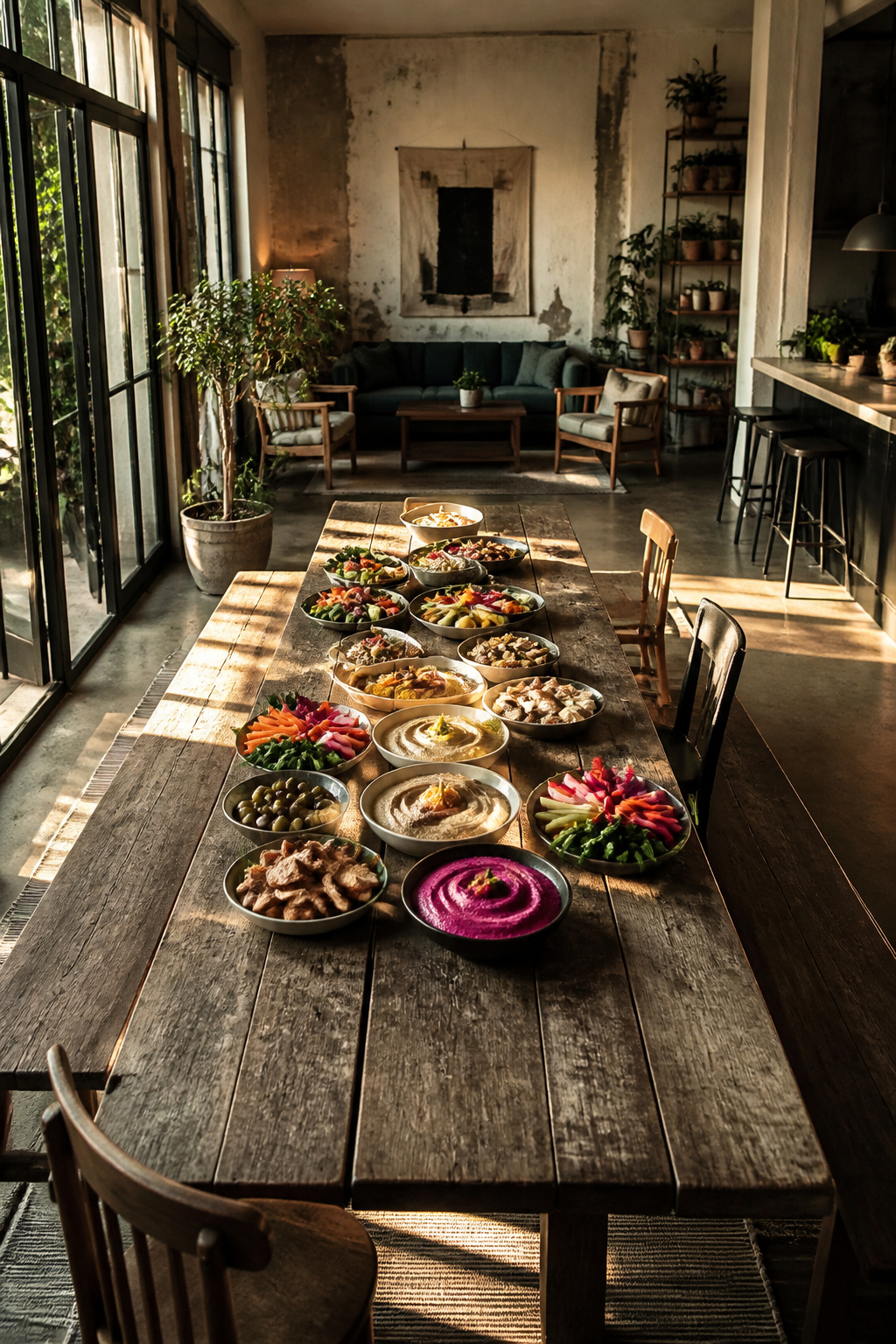 A table spread with various hummus styles and accompaniments.