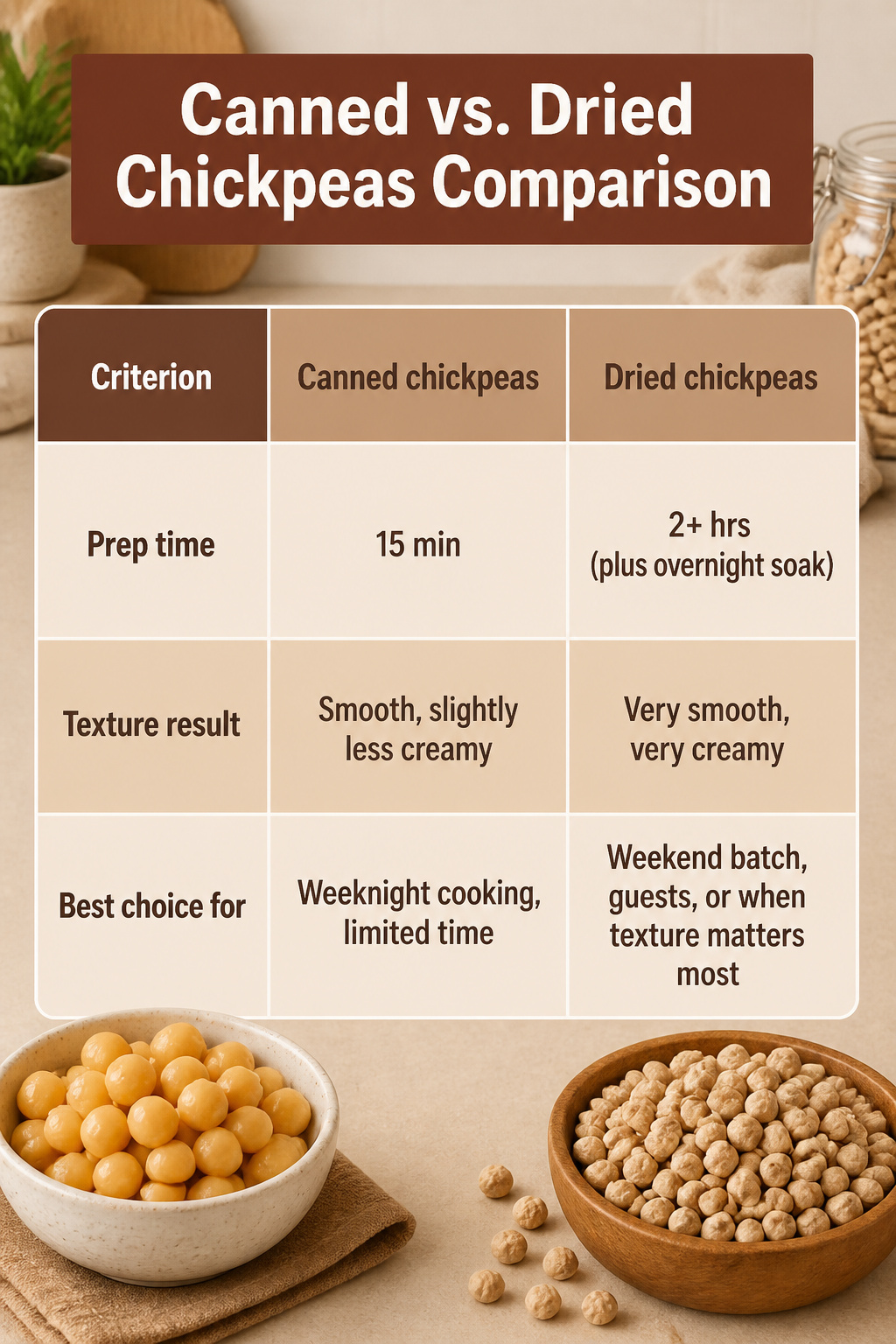 A side-by-side comparison of canned and dried chickpeas.
