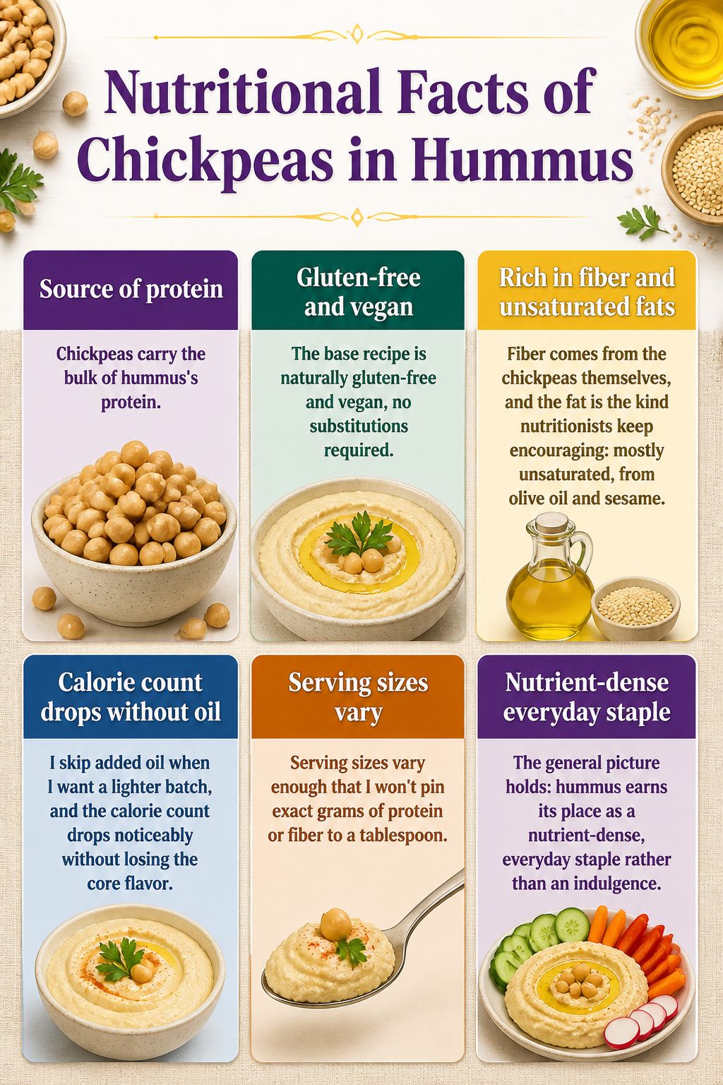 Nutritional facts highlighting the benefits of chickpeas in hummus.