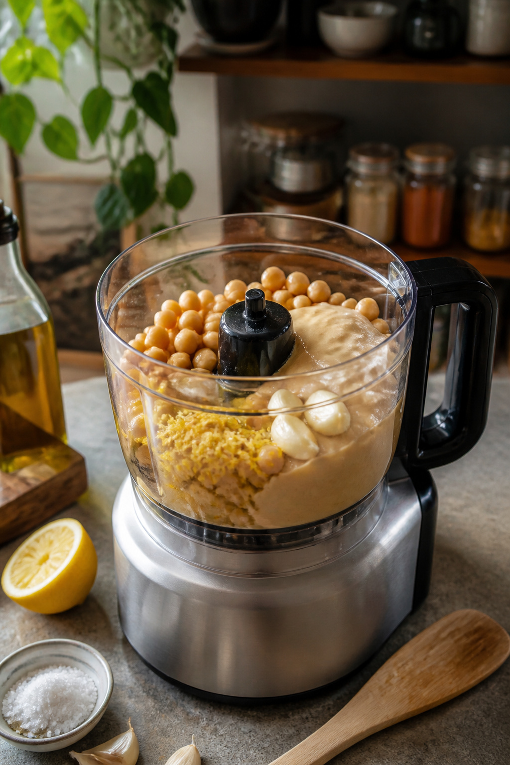 A food processor packed with blended chickpeas and tahini.