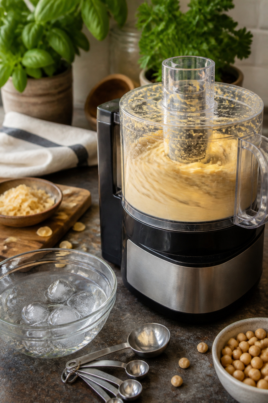 A food processor with hummus and ice water ready to blend.