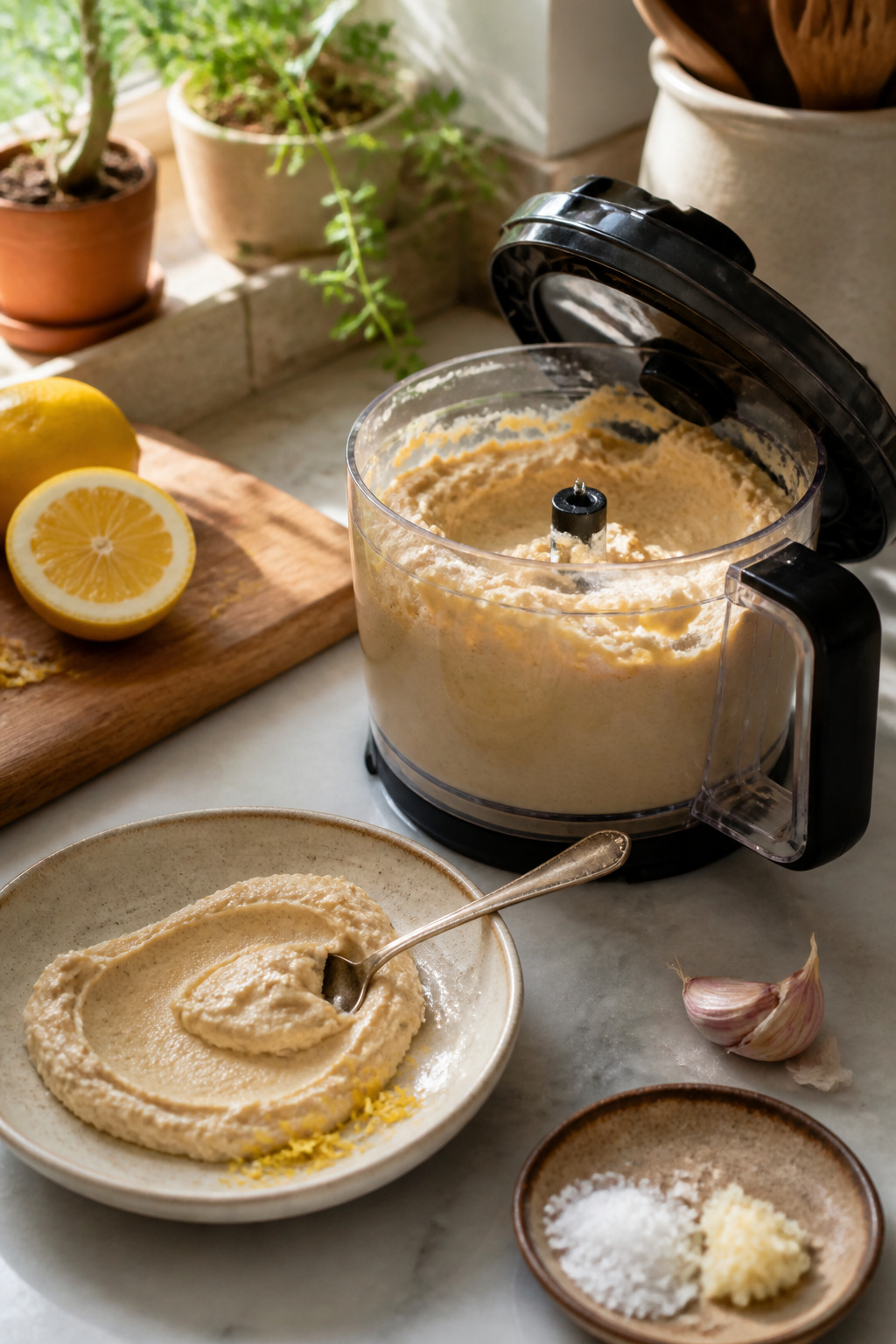 A bowl of hummus with seasoning ingredients nearby.