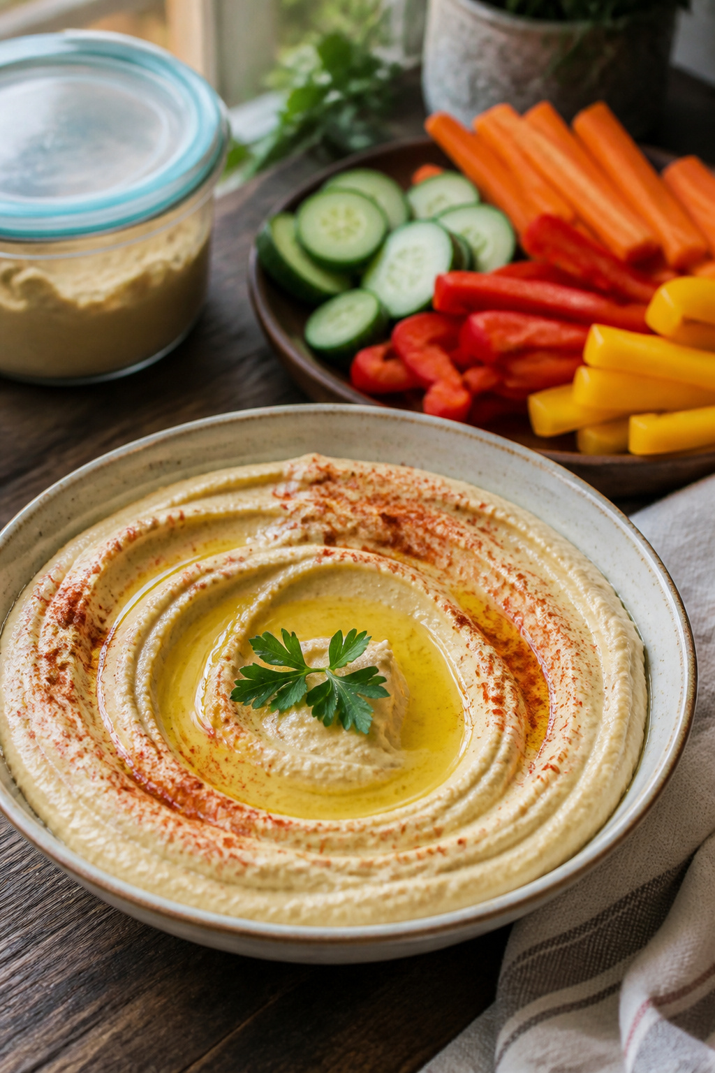 A bowl of hummus swirled with olive oil and topped with spices.