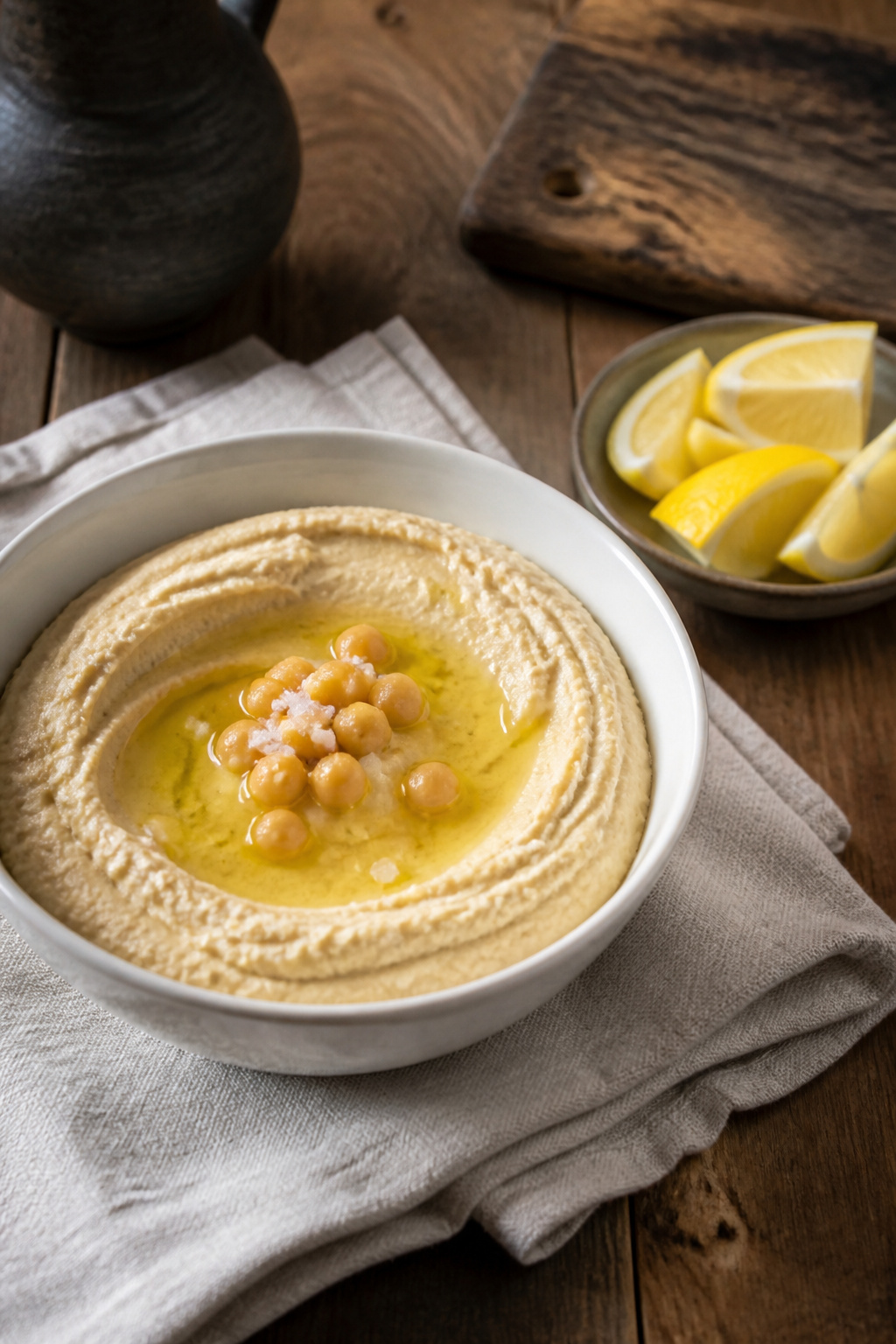 A bowl of classic hummus with whole chickpeas and lemon wedges.