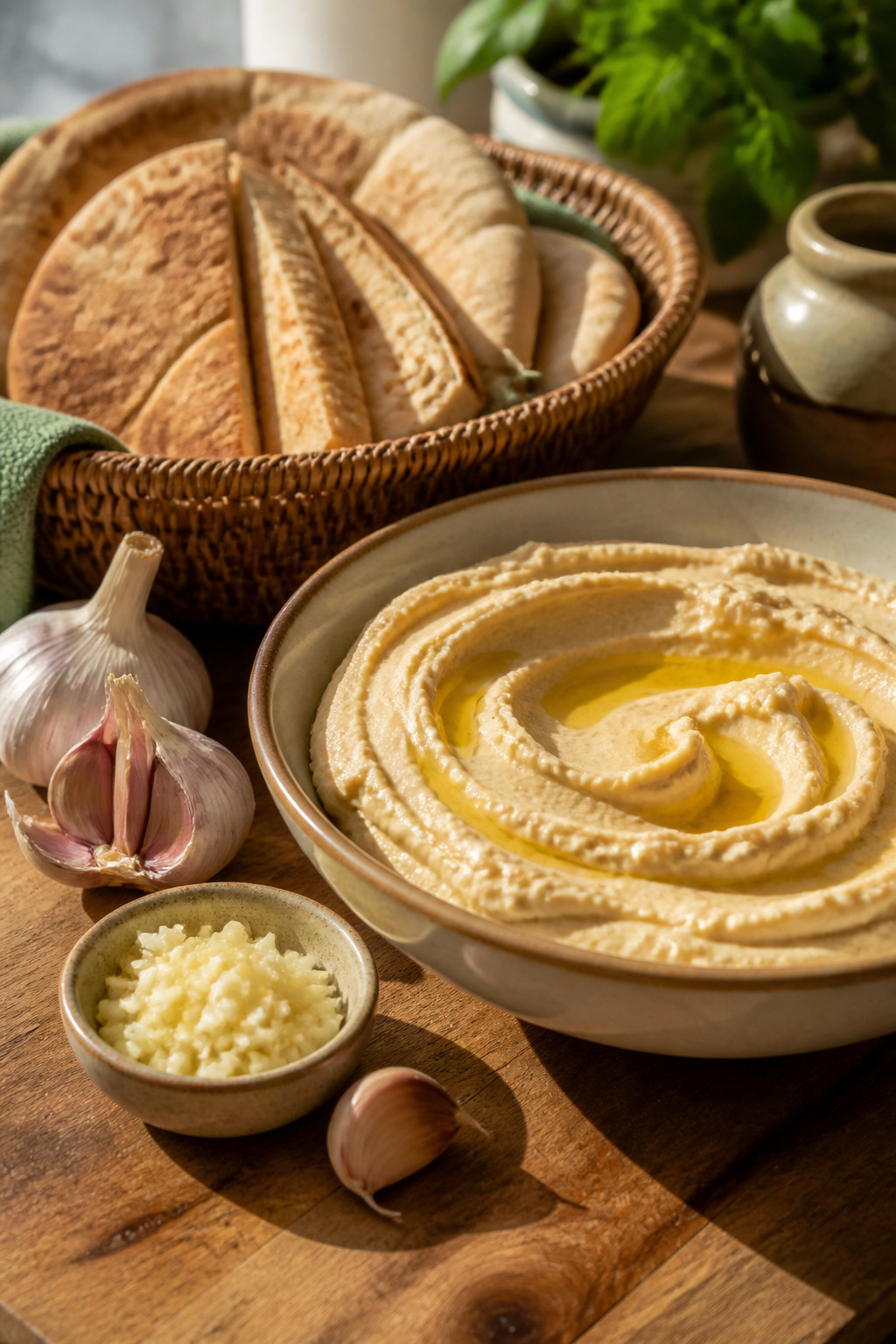 A bowl of garlic hummus with whole garlic cloves beside it.