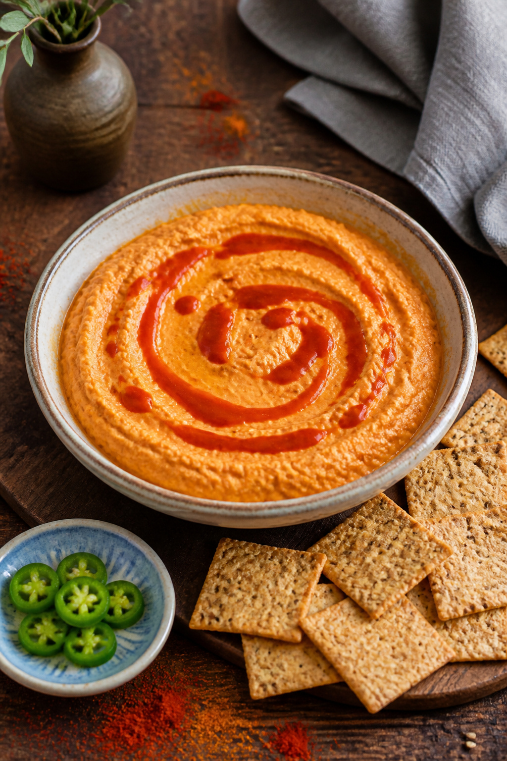 A bowl of spicy hummus garnished with jalapeño and Sriracha.