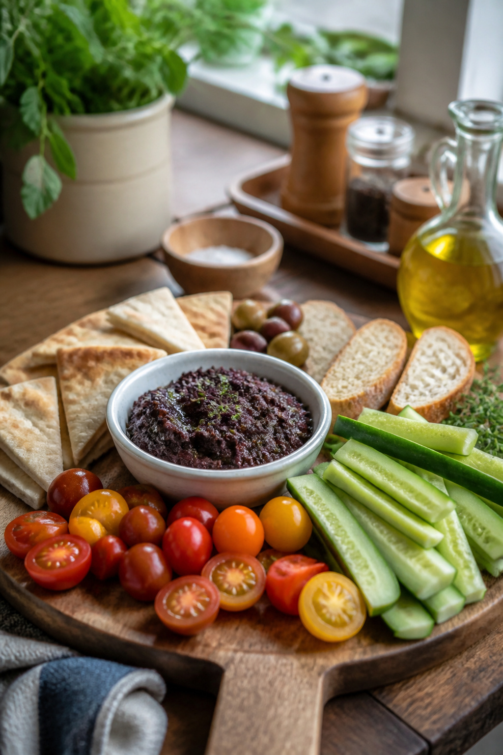 An elegant antipasto platter with kalamata olive tapenade and vegetables.