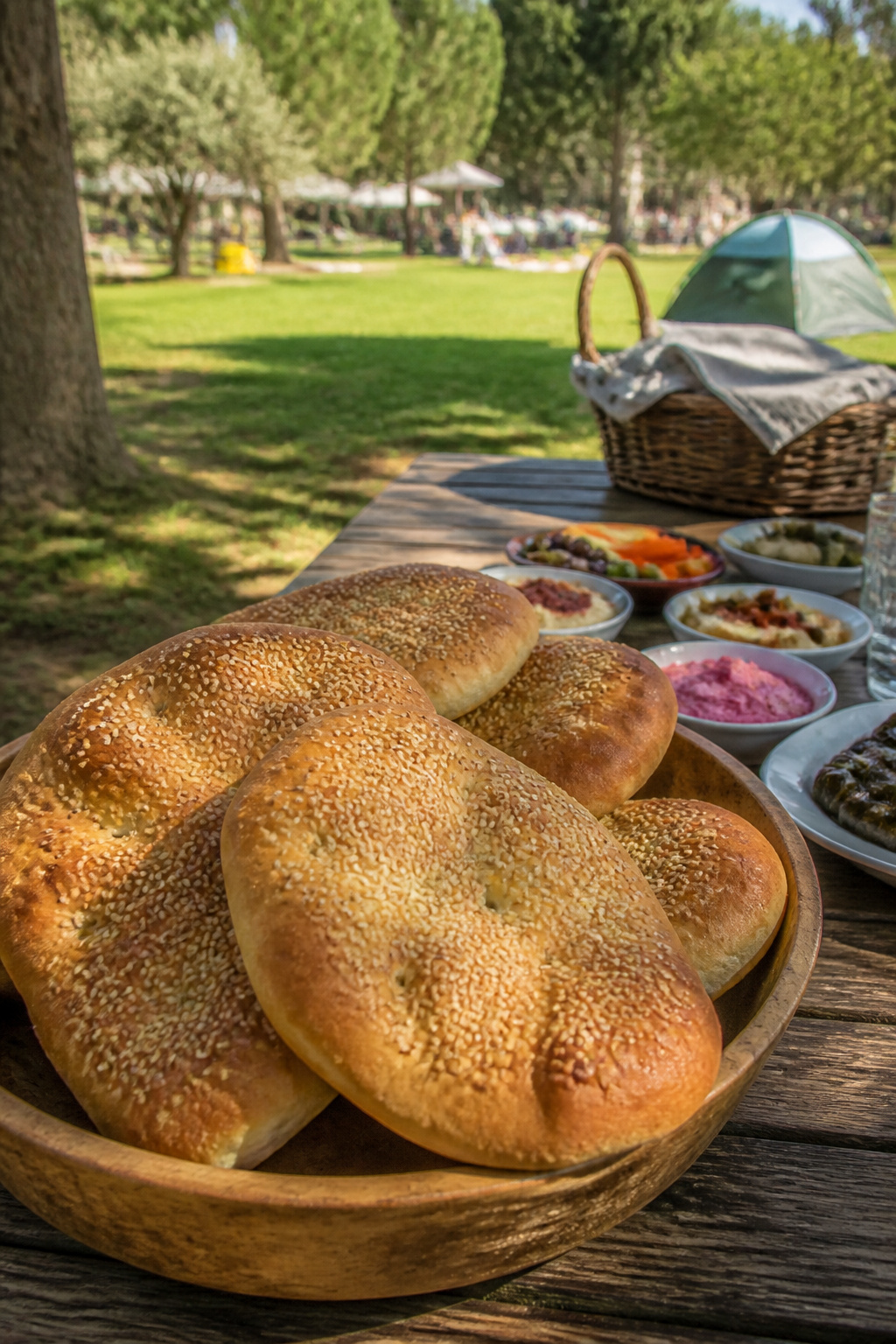 Fresh Lagana flatbreads in a rustic bowl on a picnic table.