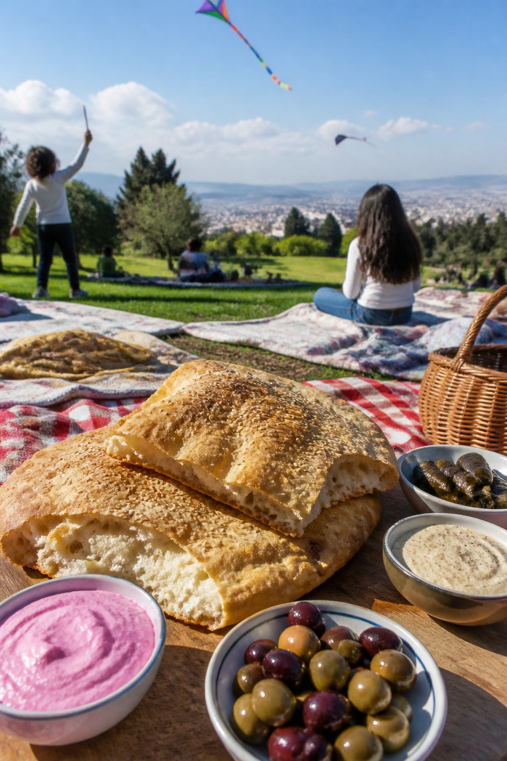 Laganas and dips displayed on a wooden platter during a picnic.