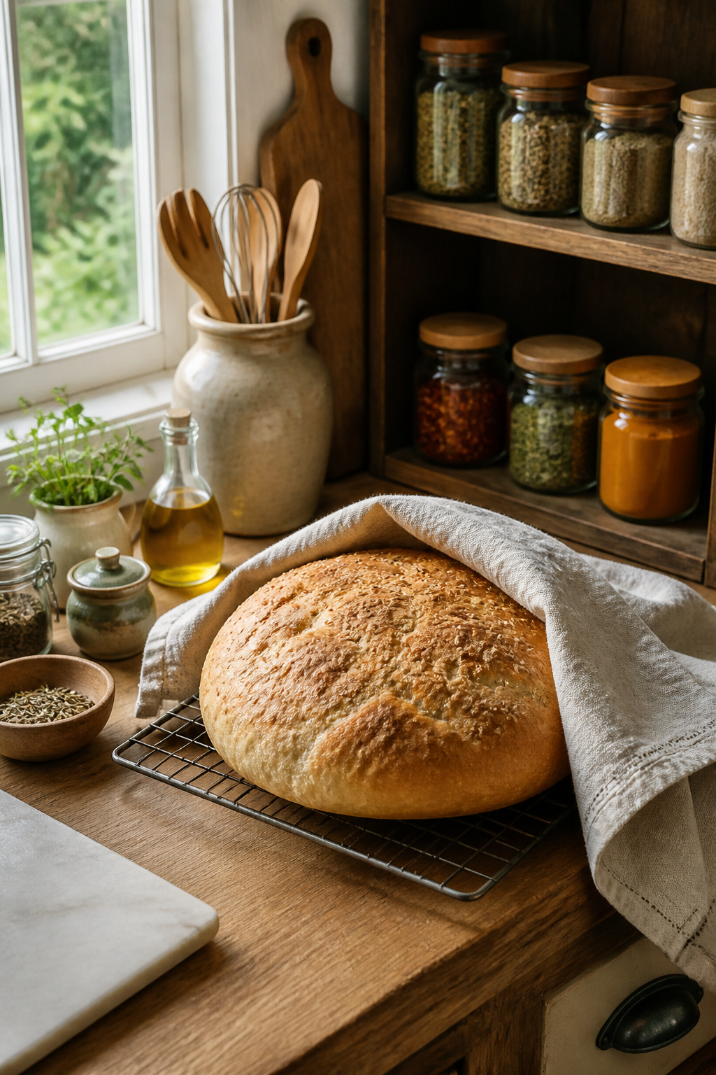 Lagana loaf cooling on a rack, wrapped in cloth.