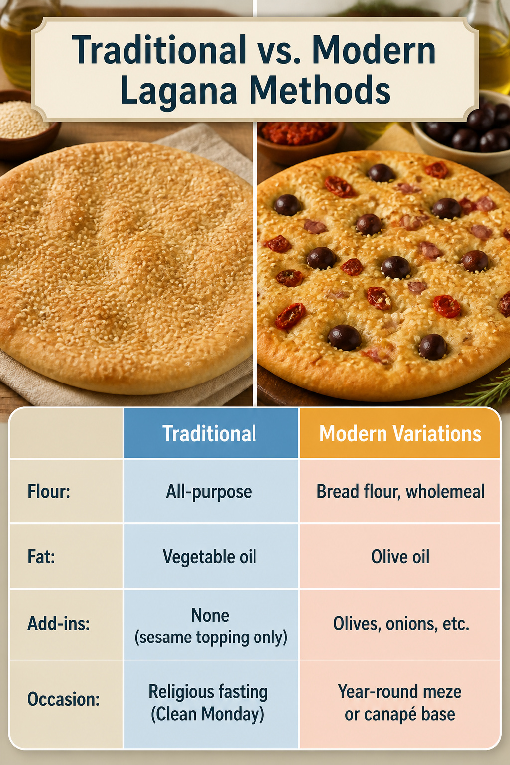 Chart comparing traditional and modern Lagana baking methods.