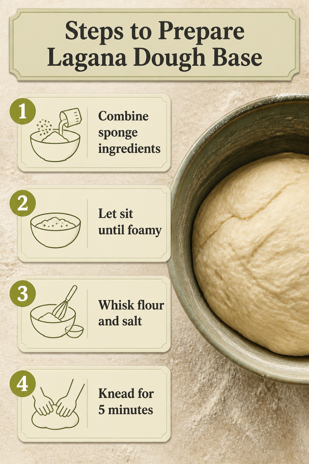 Ingredients and steps for preparing Lagana dough base.