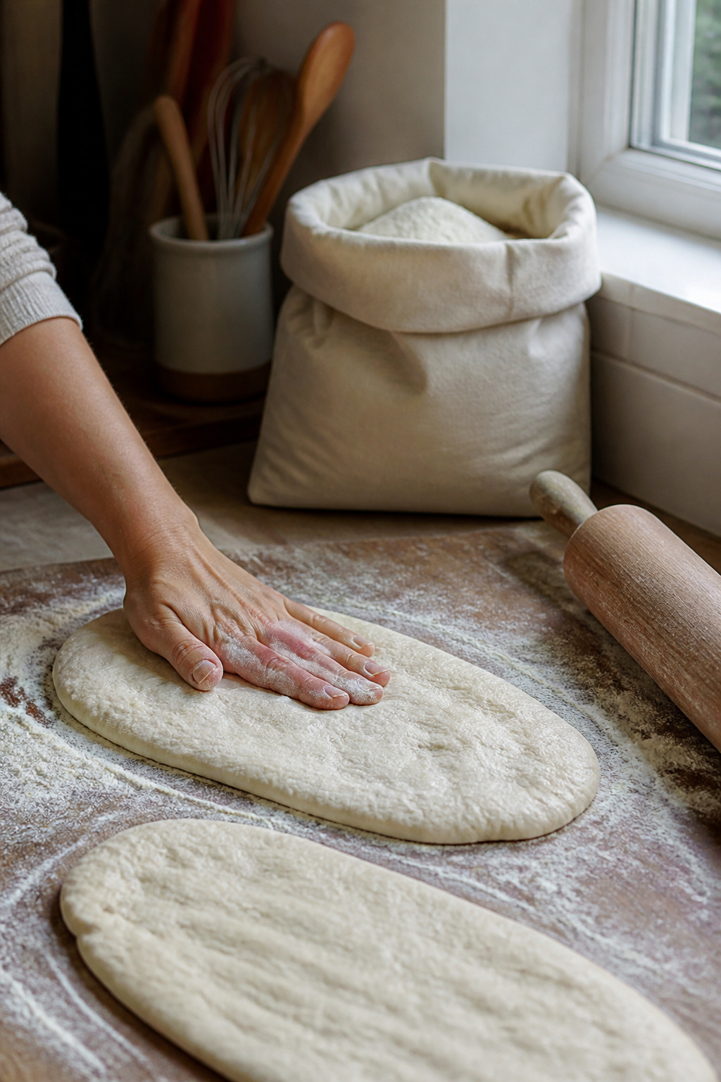 Two pieces of dough being shaped into elongated ovals.
