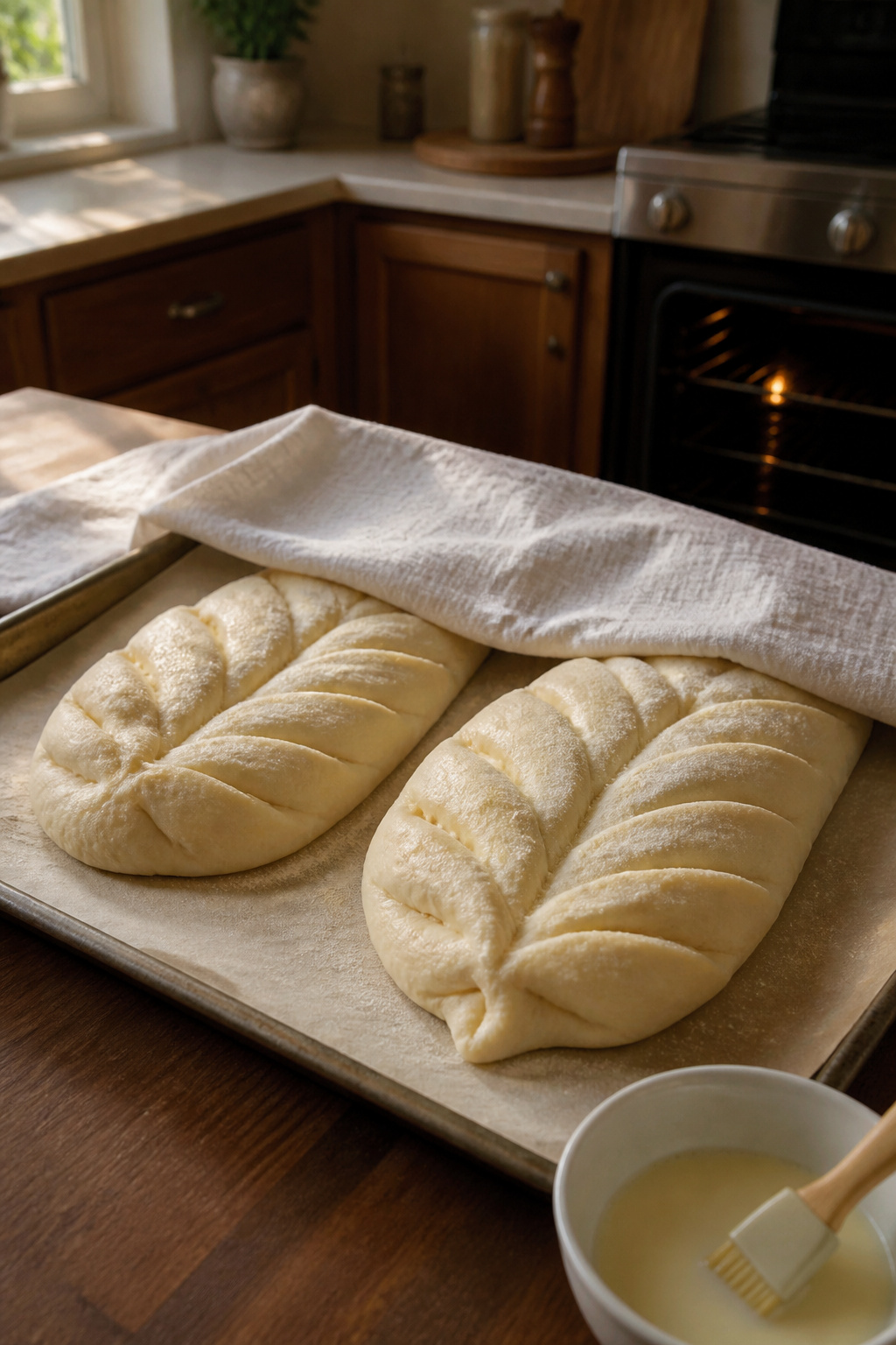 Shaped Lagana loaves covered with a cloth on a baking sheet.